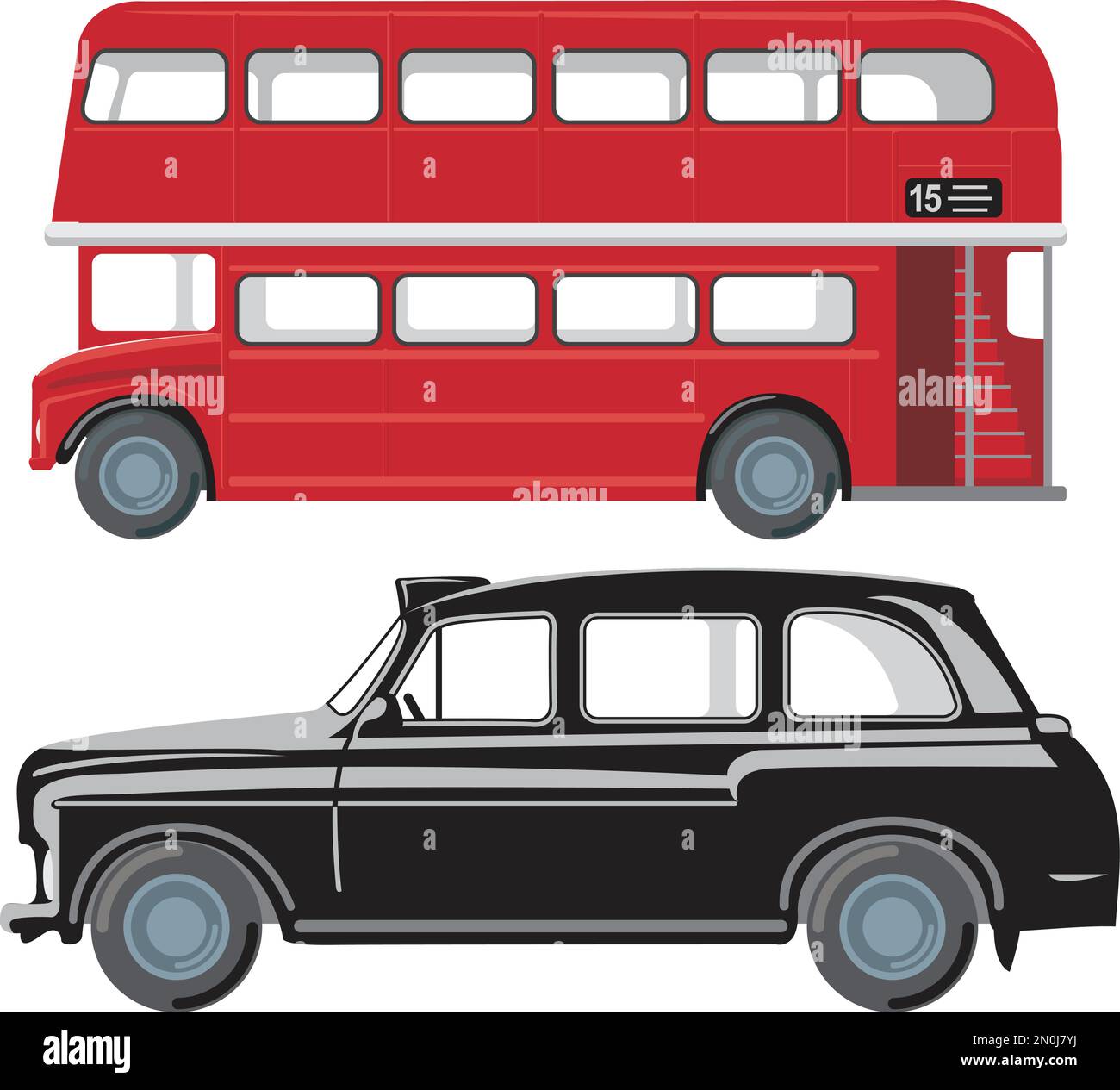Öffentliche Verkehrsmittel in London. Roter Doppeldeckerbus und klassisches schwarzes Taxi. Abbildung eines flachen Vektors Stock Vektor