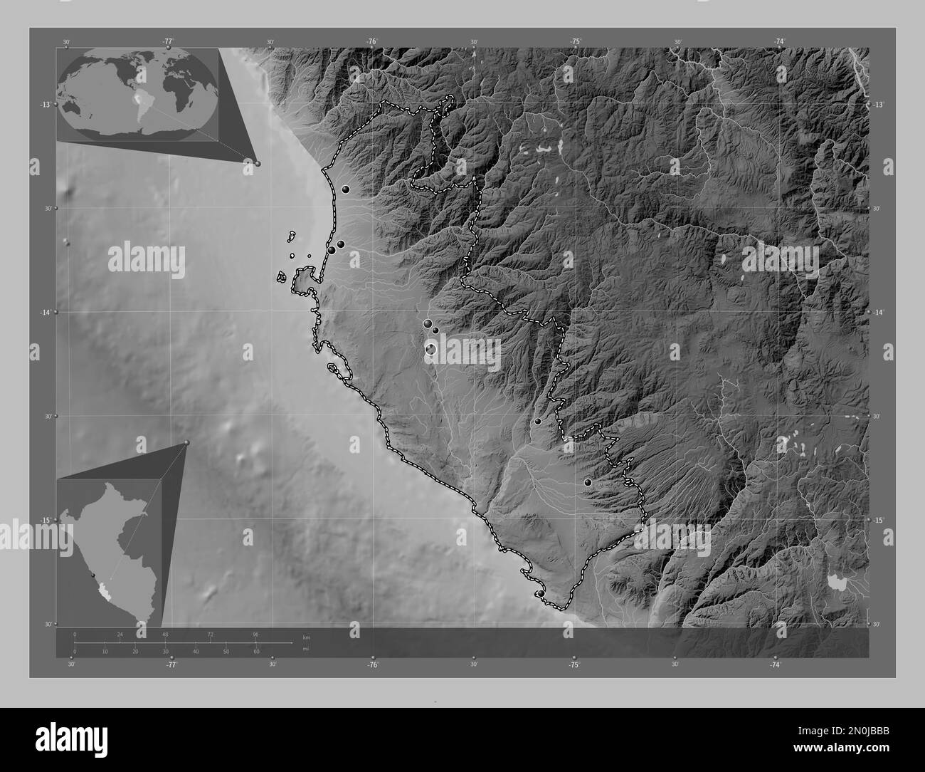 ICA, Region Peru. Grauskala-Höhenkarte mit Seen und Flüssen. Standorte der wichtigsten Städte der Region. Eckkarten für zusätzliche Standorte Stockfoto