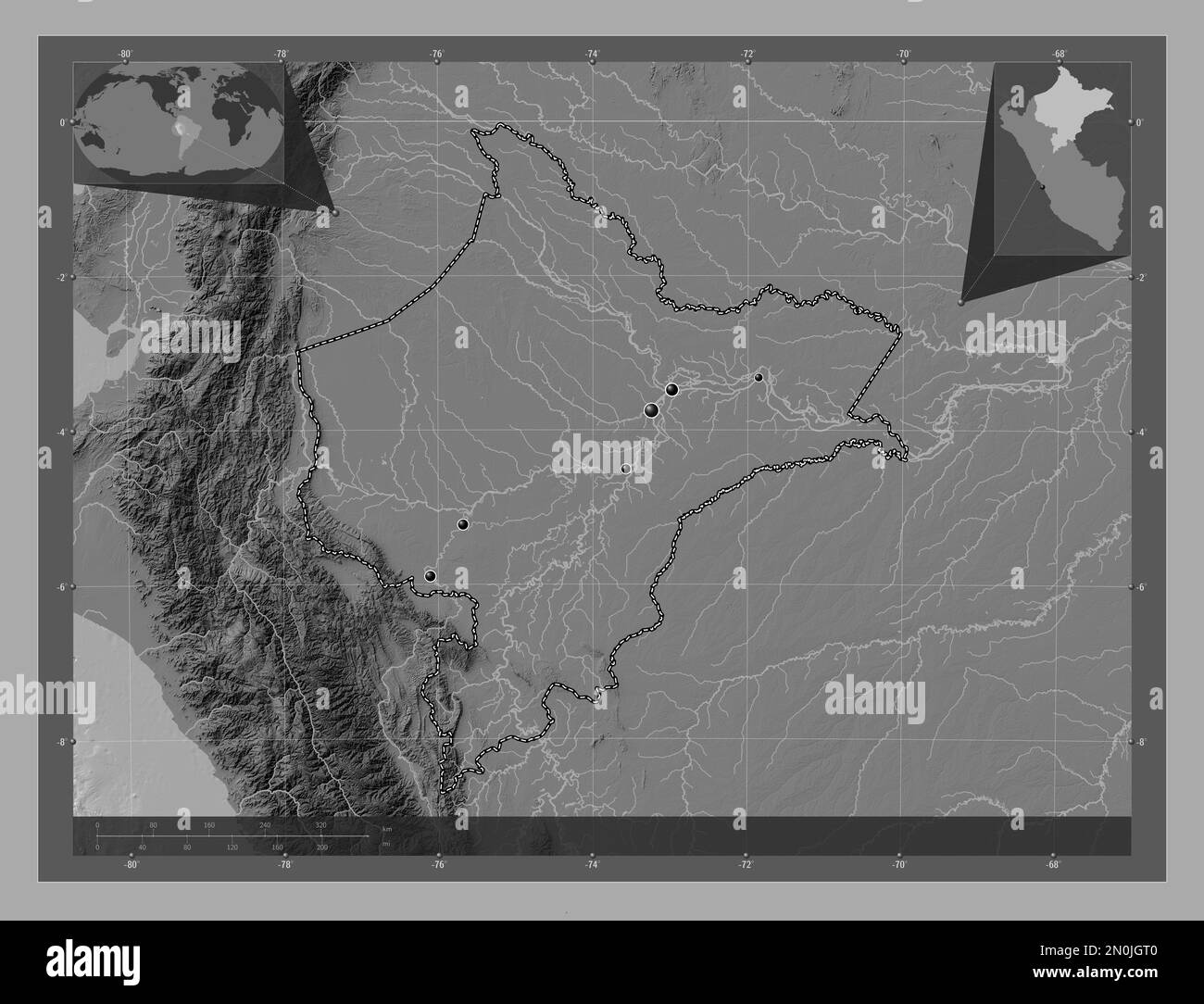 Loreto, Region Peru. Bilevel-Höhenkarte mit Seen und Flüssen. Standorte der wichtigsten Städte der Region. Eckkarten für zusätzliche Standorte Stockfoto