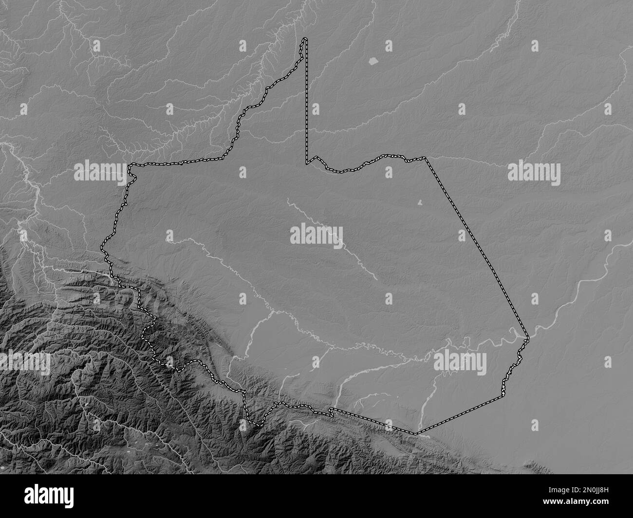 Madre de Dios, Region Peru. Grauskala-Höhenkarte mit Seen und Flüssen Stockfoto