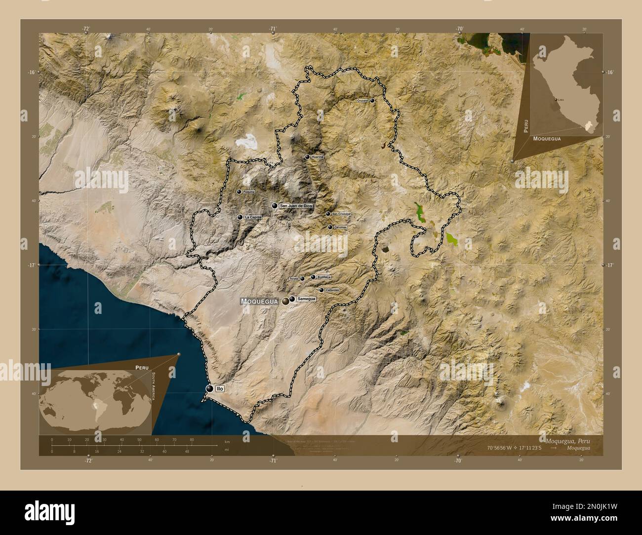 Moquegua, Region Peru. Satellitenkarte mit niedriger Auflösung. Standorte und Namen der wichtigsten Städte der Region. Eckkarten für zusätzliche Standorte Stockfoto