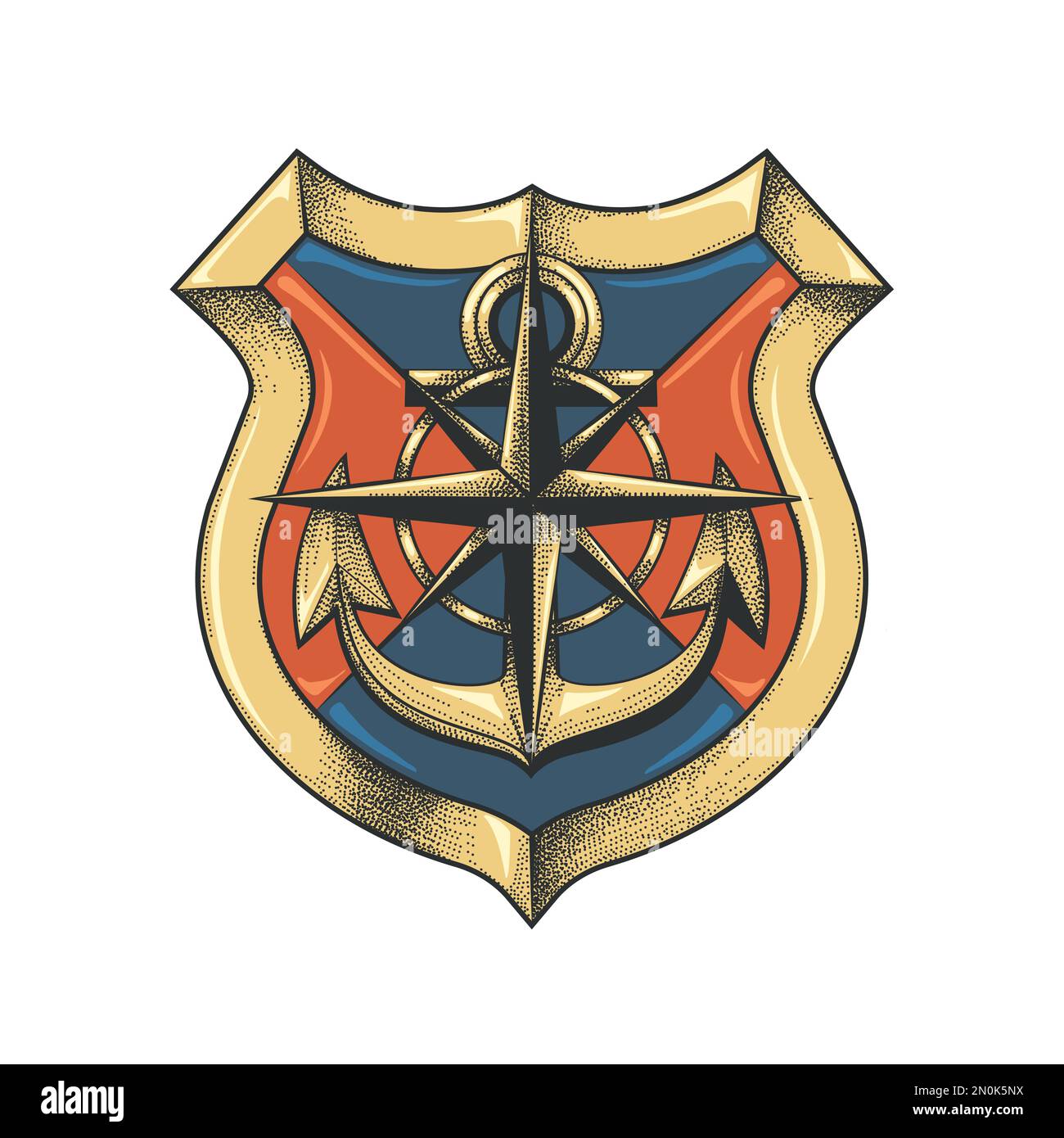 Tattoo von Schiffsanker und Windrose auf einem Schild isoliert auf weißem Hintergrund. Vektordarstellung Stock Vektor