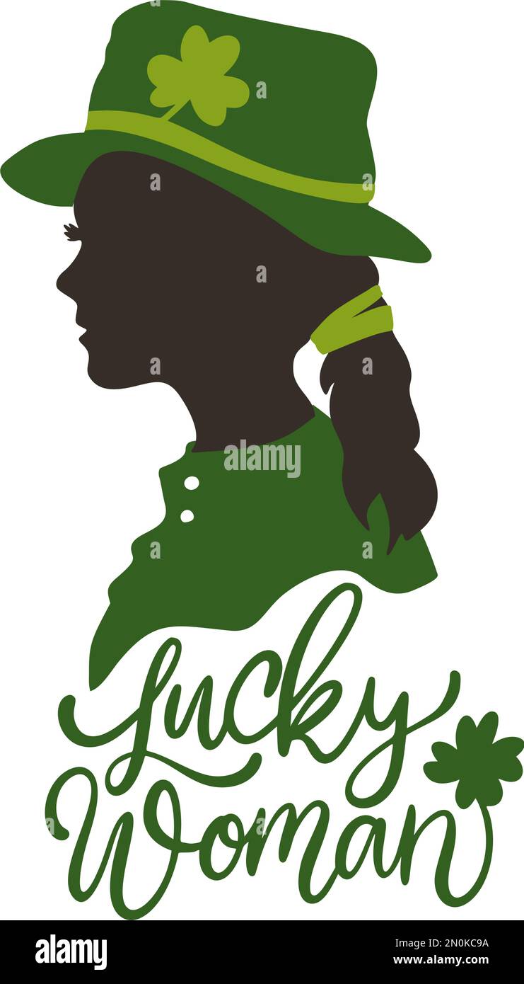 Glückliche Frau mit Hut. Kalligrafiekarte st Patricks Day Veranstaltung. Begrüßung St. Patrick festliche Silhouette Stock Vektor