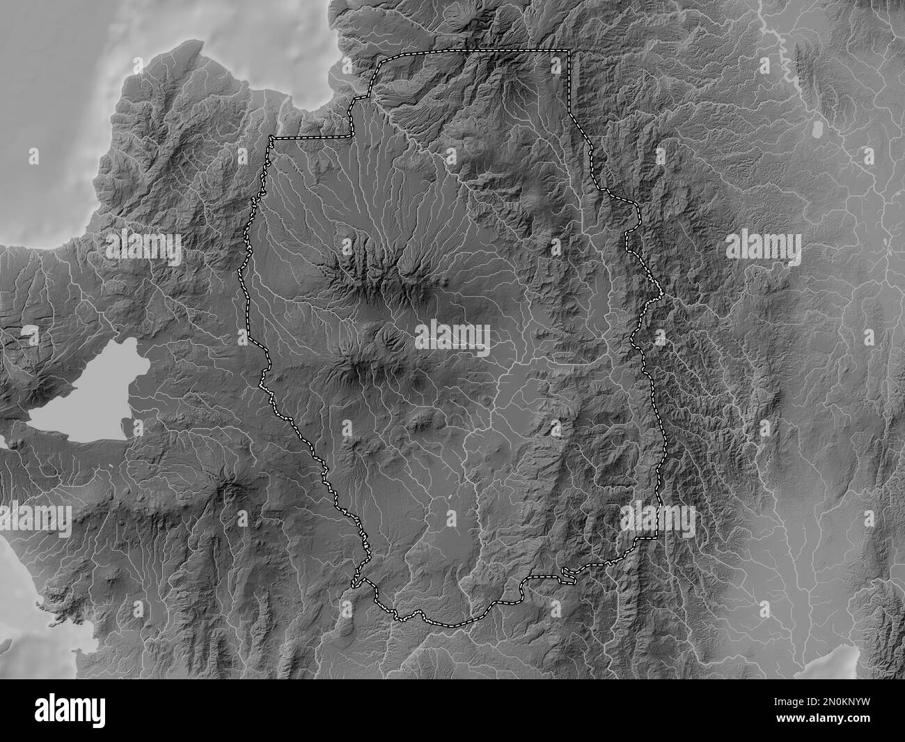Bukidnon, Provinz der Philippinen. Grauskala-Höhenkarte mit Seen und Flüssen Stockfoto
