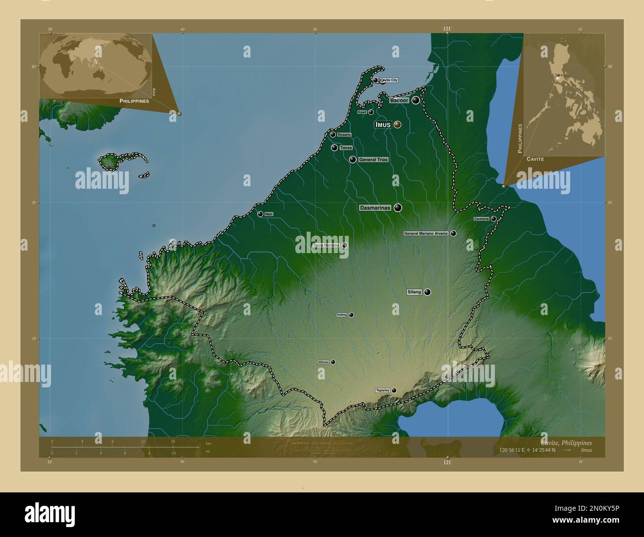 Cavite, Provinz der Philippinen. Farbige Höhenkarte mit Seen und Flüssen. Standorte und Namen der wichtigsten Städte der Region. Ecke Zusatzanschluss Stockfoto