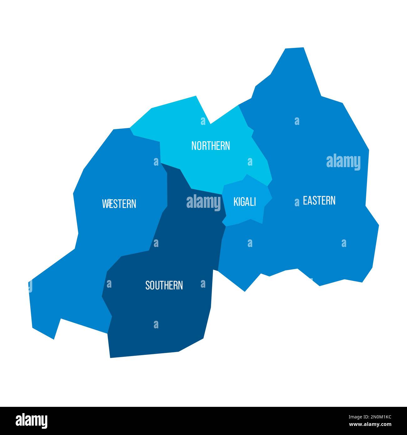 Politische Karte der Verwaltungseinheiten in Ruanda - Provinzen. Flache blaue Vektorkarte mit Namensbezeichnungen. Stock Vektor