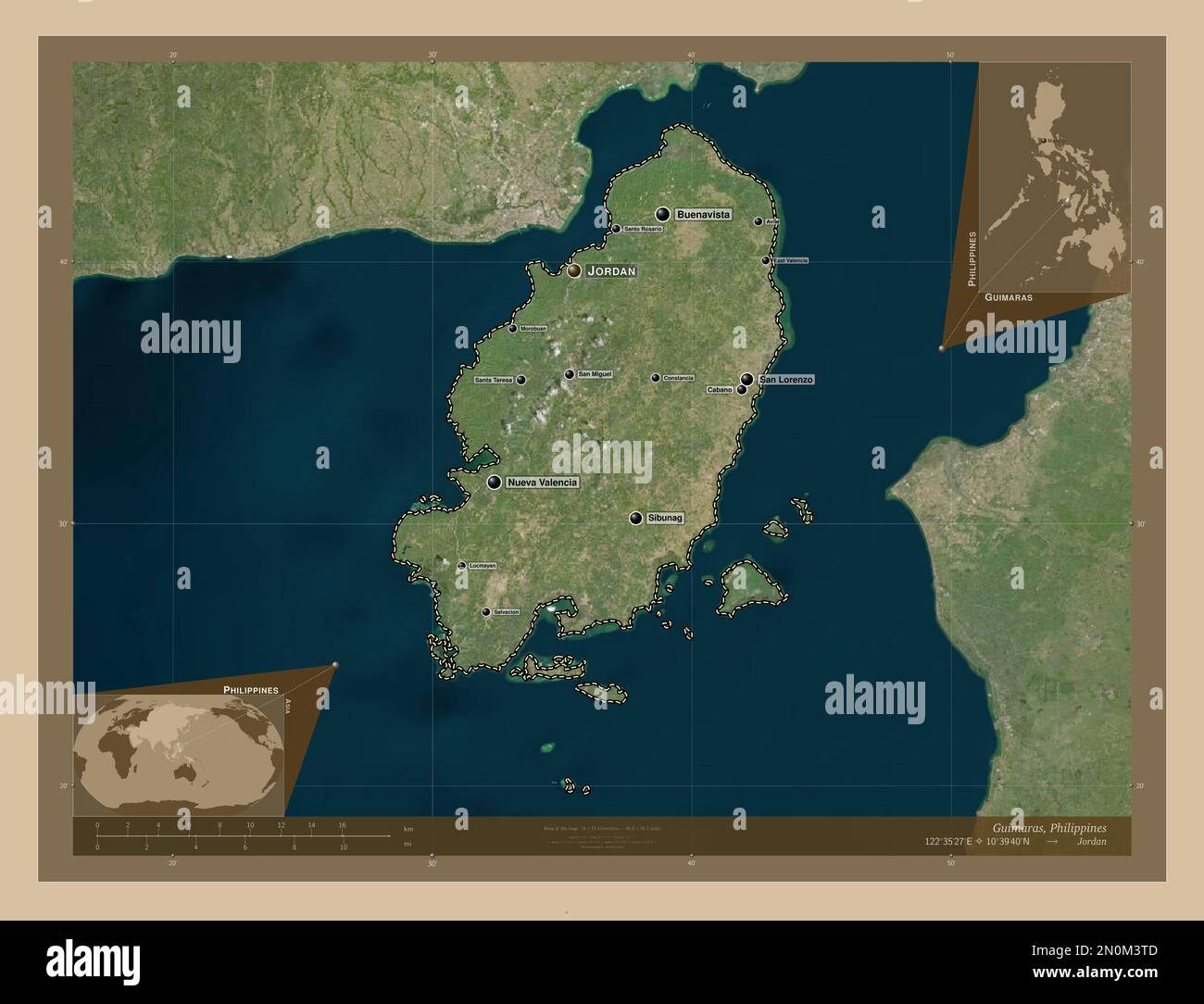 Guimaras, Provinz der Philippinen. Satellitenkarte mit niedriger Auflösung. Standorte und Namen der wichtigsten Städte der Region. Eckkarten für zusätzliche Standorte Stockfoto