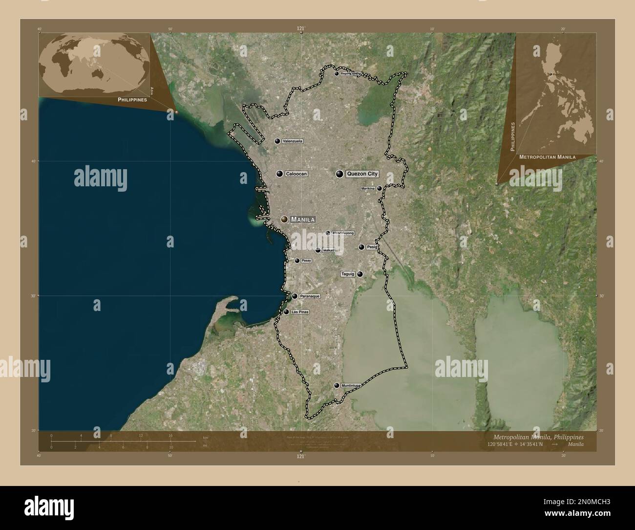 Metropolitan Manila, Provinz der Philippinen. Satellitenkarte mit niedriger Auflösung. Standorte und Namen der wichtigsten Städte der Region. Zusätzliche Eckpunkte Stockfoto