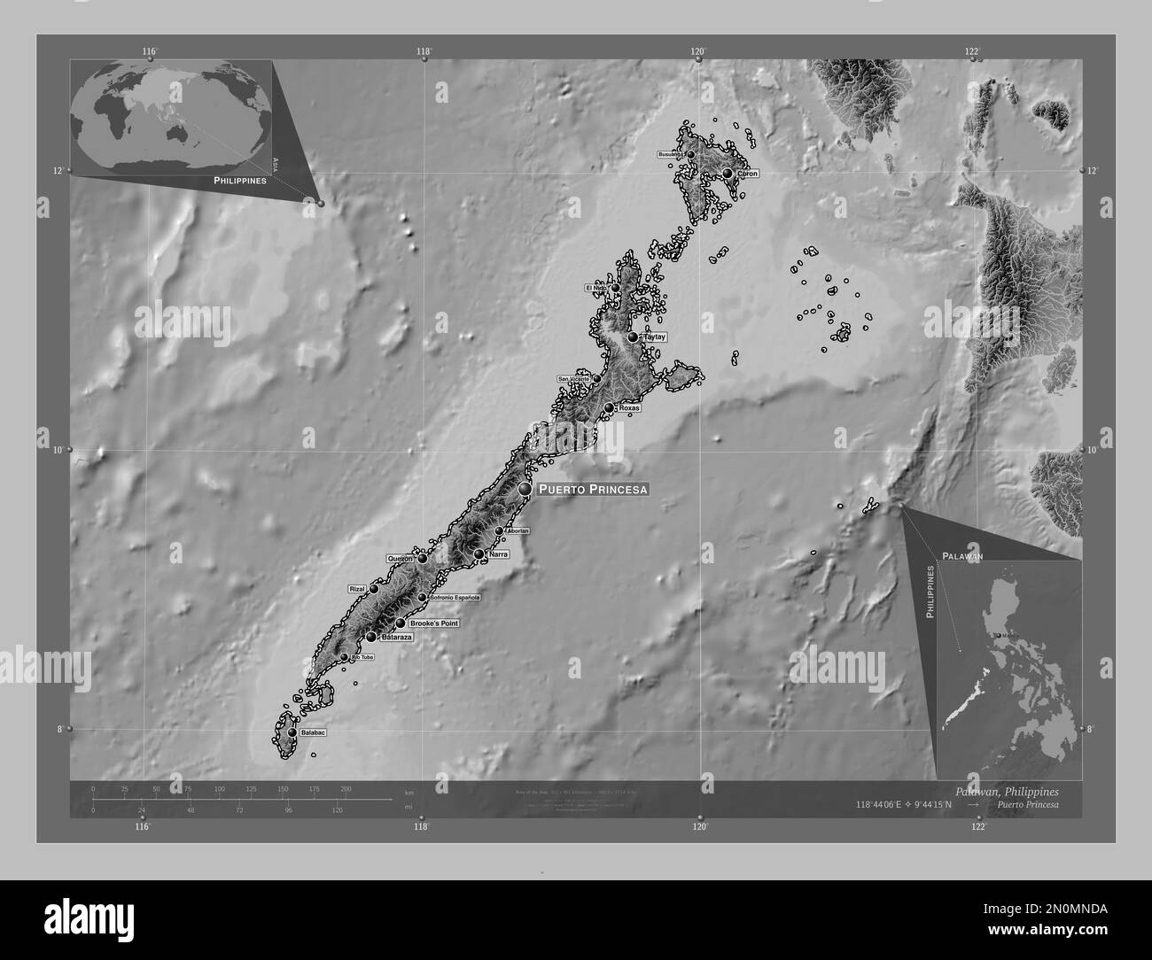 Palawan, Provinz der Philippinen. Grauskala-Höhenkarte mit Seen und Flüssen. Standorte und Namen der wichtigsten Städte der Region. Ecke Zusatz l Stockfoto