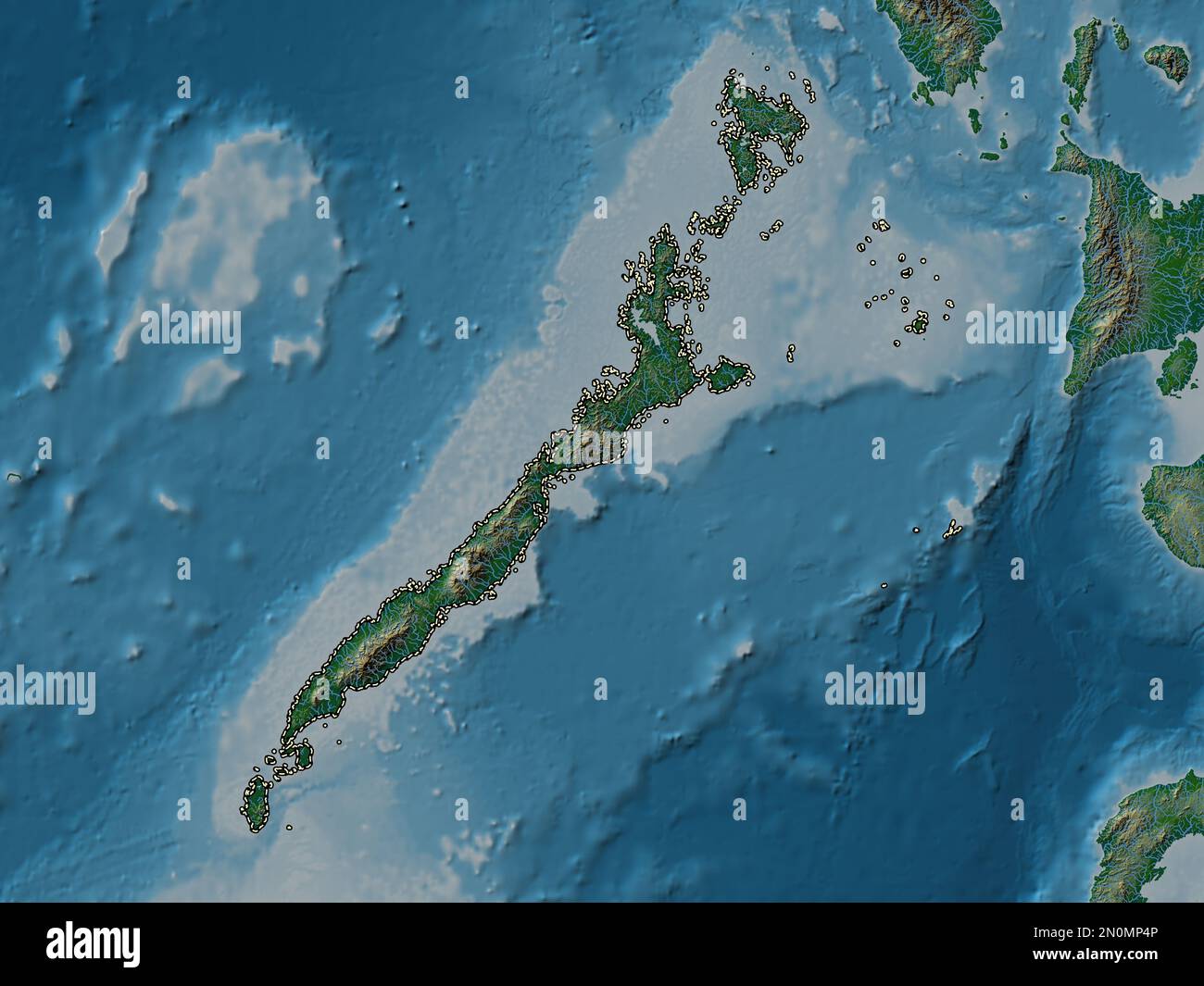 Palawan, Provinz der Philippinen. Farbige Höhenkarte mit Seen und Flüssen Stockfoto