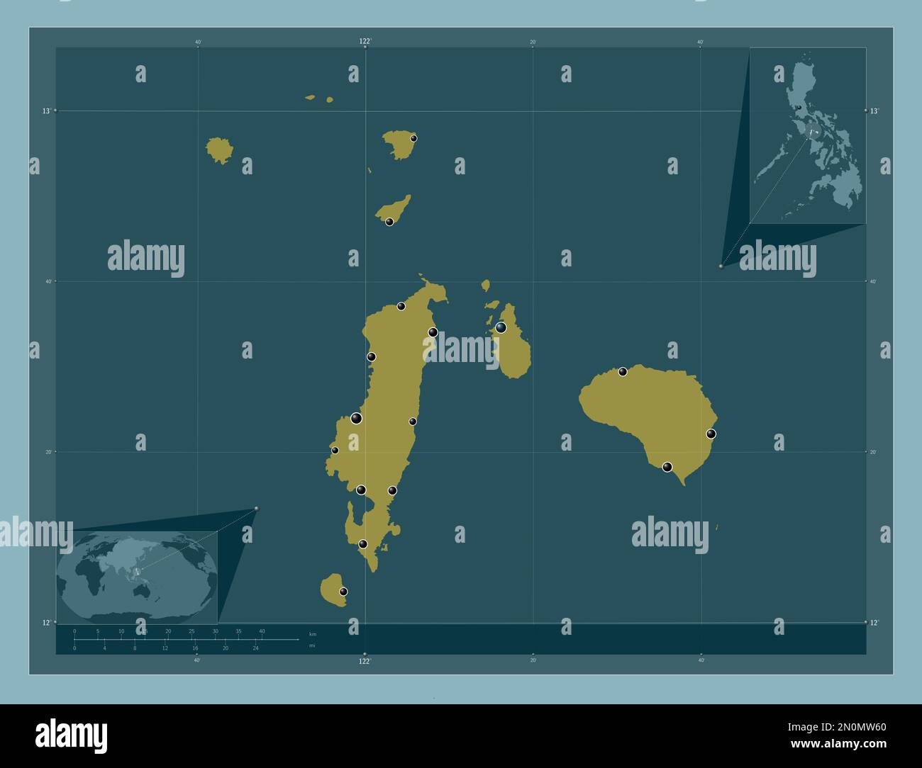 Romblon, Provinz der Philippinen. Durchgehende Farbform. Standorte der wichtigsten Städte der Region. Eckkarten für zusätzliche Standorte Stockfoto