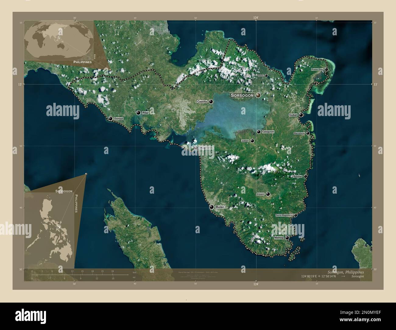 Sorsogon, Provinz der Philippinen. Hochauflösende Satellitenkarte. Standorte und Namen der wichtigsten Städte der Region. Eckkarten für zusätzliche Standorte Stockfoto