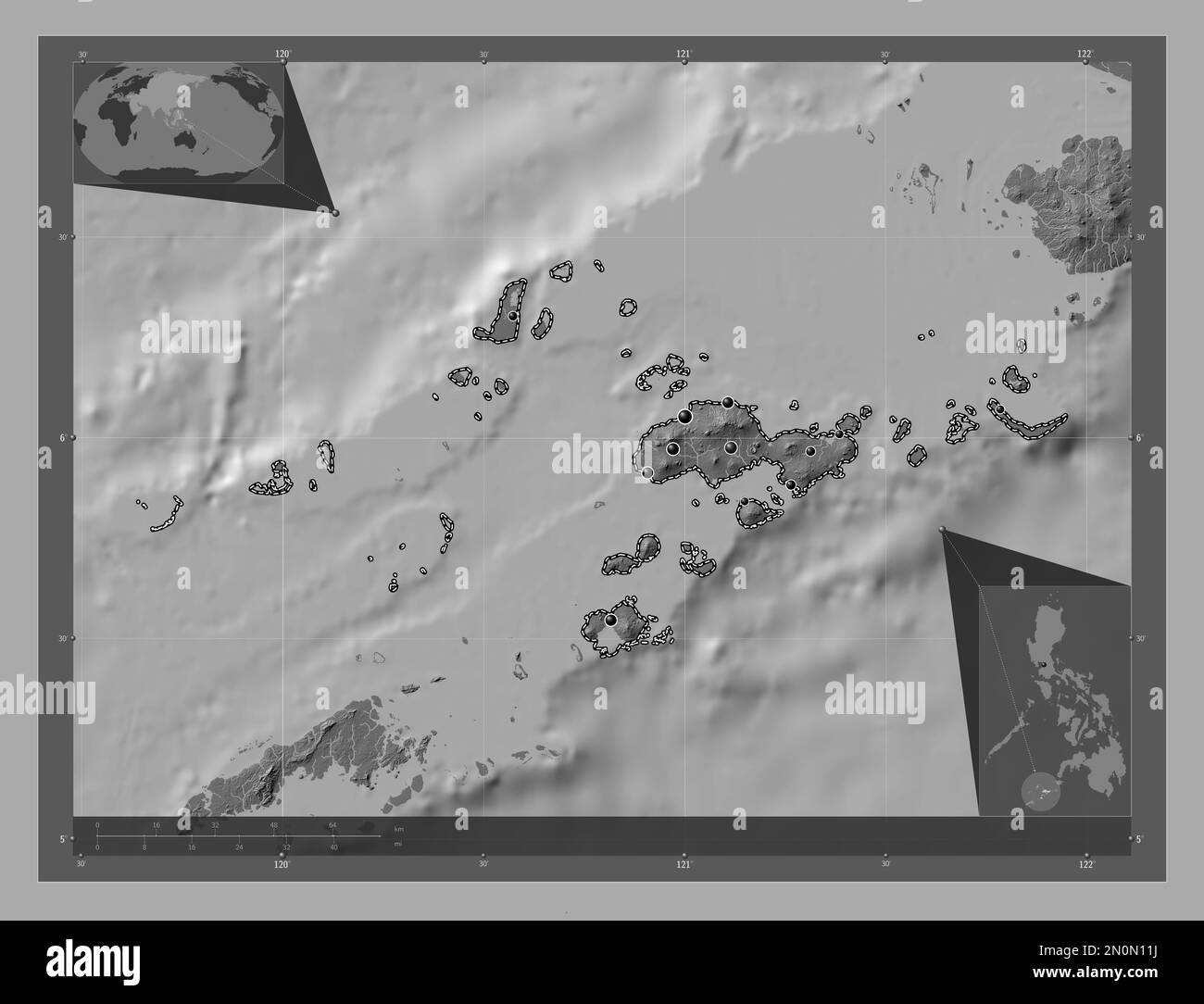 Sulu, Provinz der Philippinen. Bilevel-Höhenkarte mit Seen und Flüssen. Standorte der wichtigsten Städte der Region. Eckkarten für zusätzliche Standorte Stockfoto