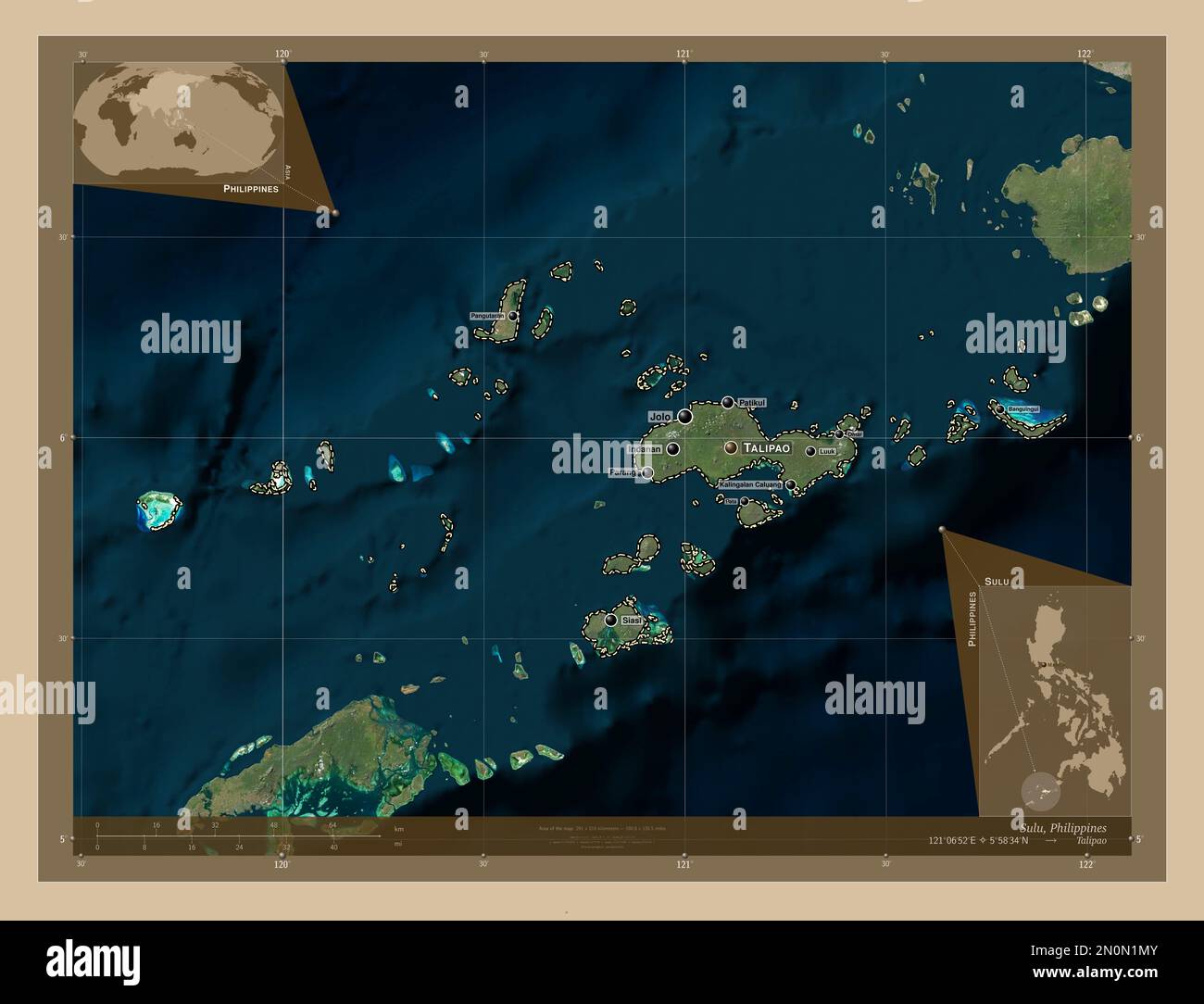 Sulu, Provinz der Philippinen. Satellitenkarte mit niedriger Auflösung. Standorte und Namen der wichtigsten Städte der Region. Eckkarten für zusätzliche Standorte Stockfoto