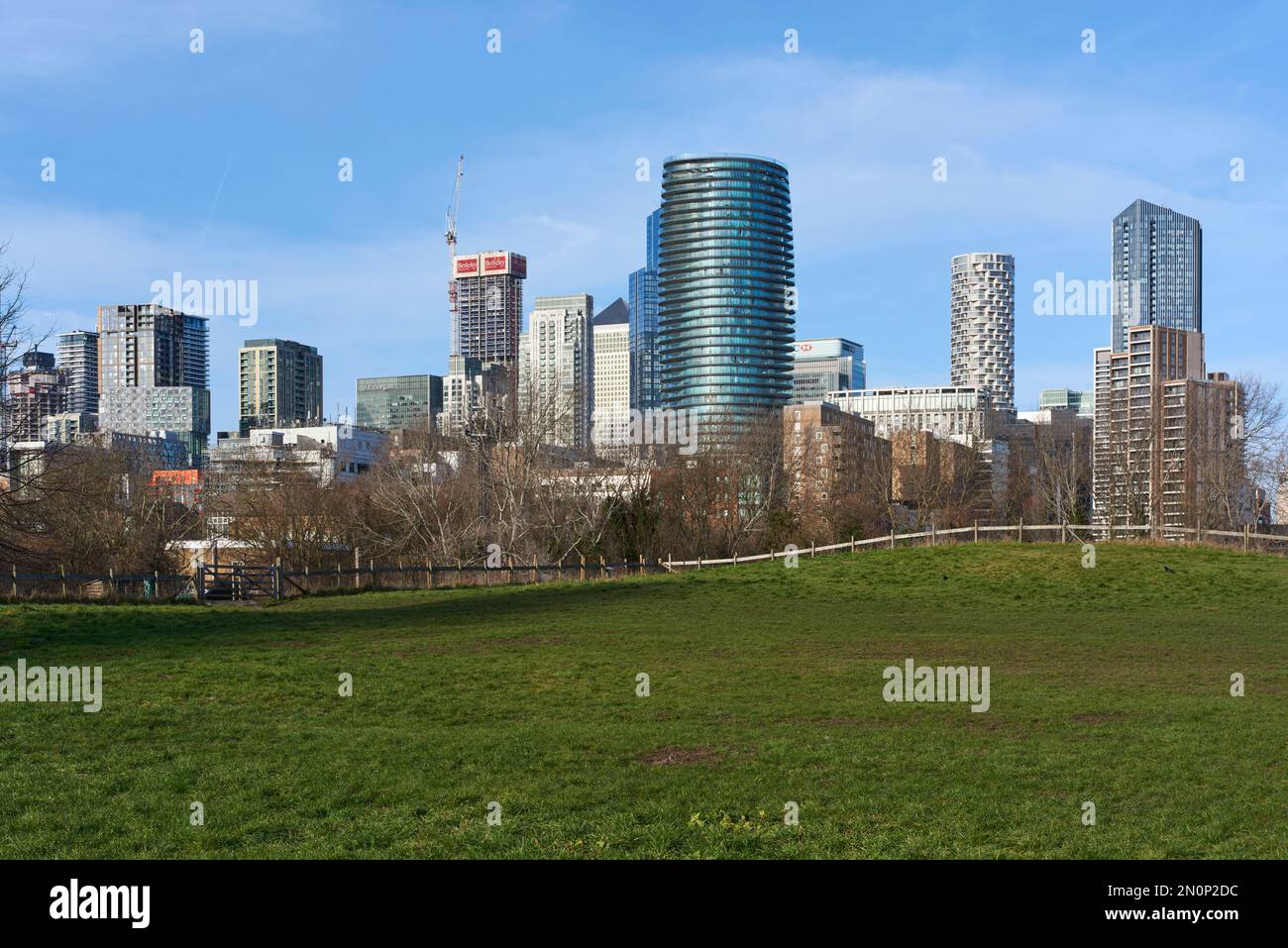 Blick auf das Geschäftsviertel Canary Wharf vom Mudshute Park auf der Isle of Dogs, London Docklands, Großbritannien Stockfoto