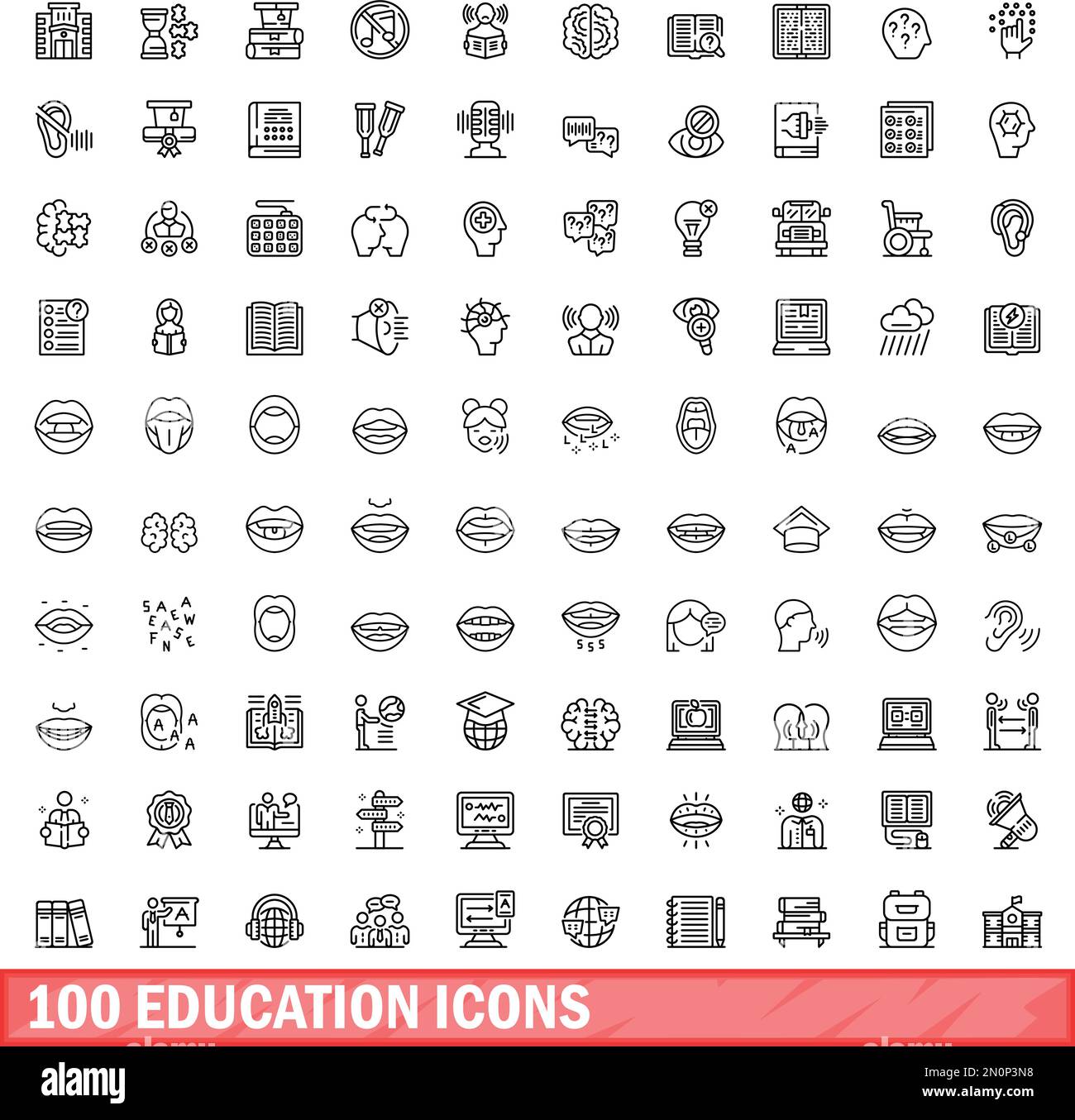 100 Bildungs-Symbole. Gliederungsdarstellung von 100 Bildungs-Symbolen Vektorsatz isoliert auf weißem Hintergrund Stock Vektor