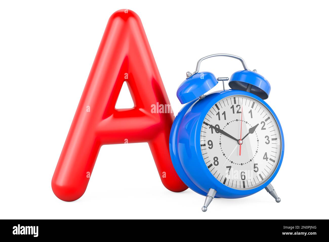 Kinder-ABC, Buchstabe A mit Wecker. 3D-Rendering auf weißem Hintergrund isoliert Stockfoto