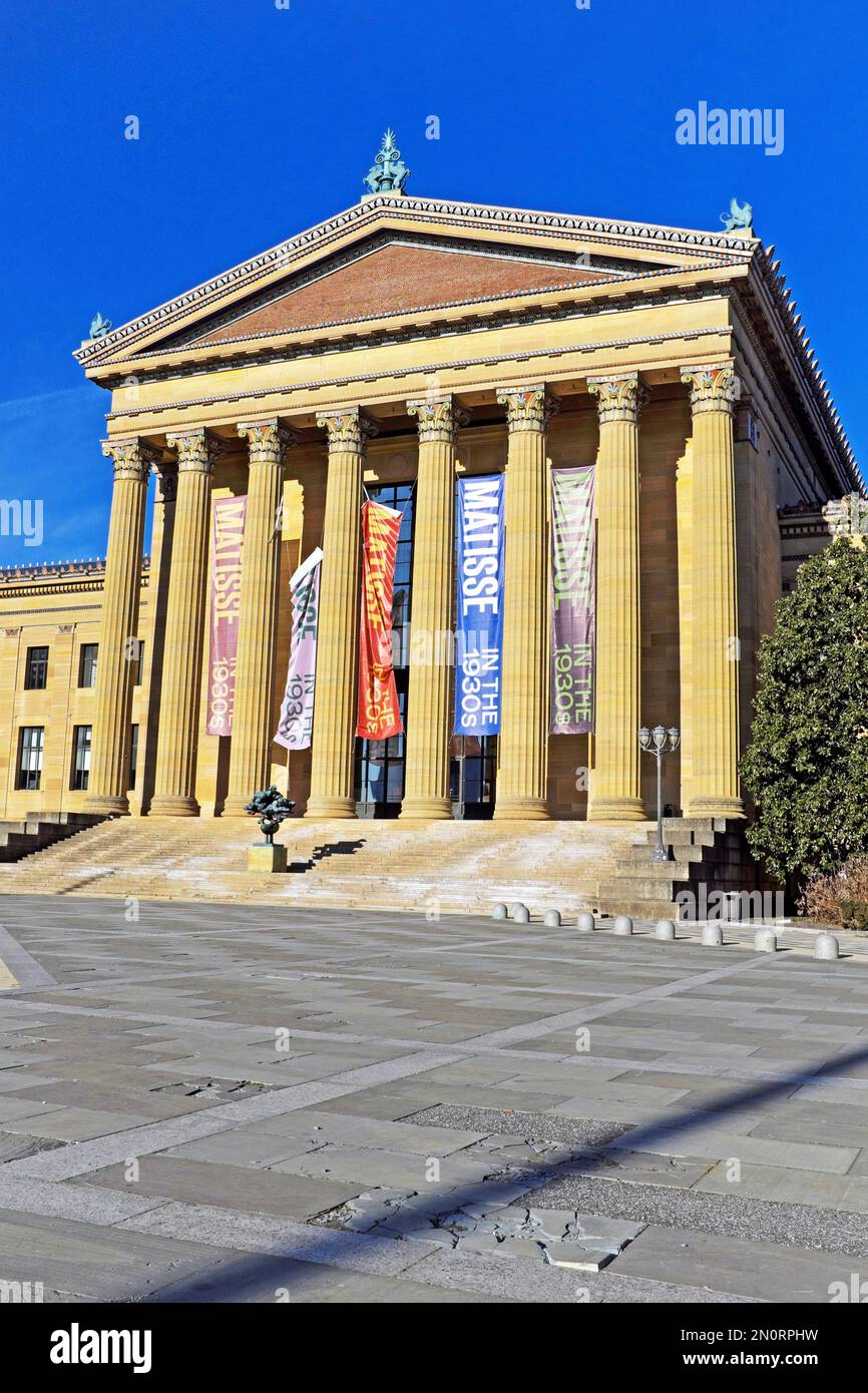 Das Philadelphia Museum of Art wurde 1876 gegründet und 1928 für die Öffentlichkeit geöffnet. Das kulturelle Wahrzeichen ist ein beliebtes Kultursymbol. Stockfoto