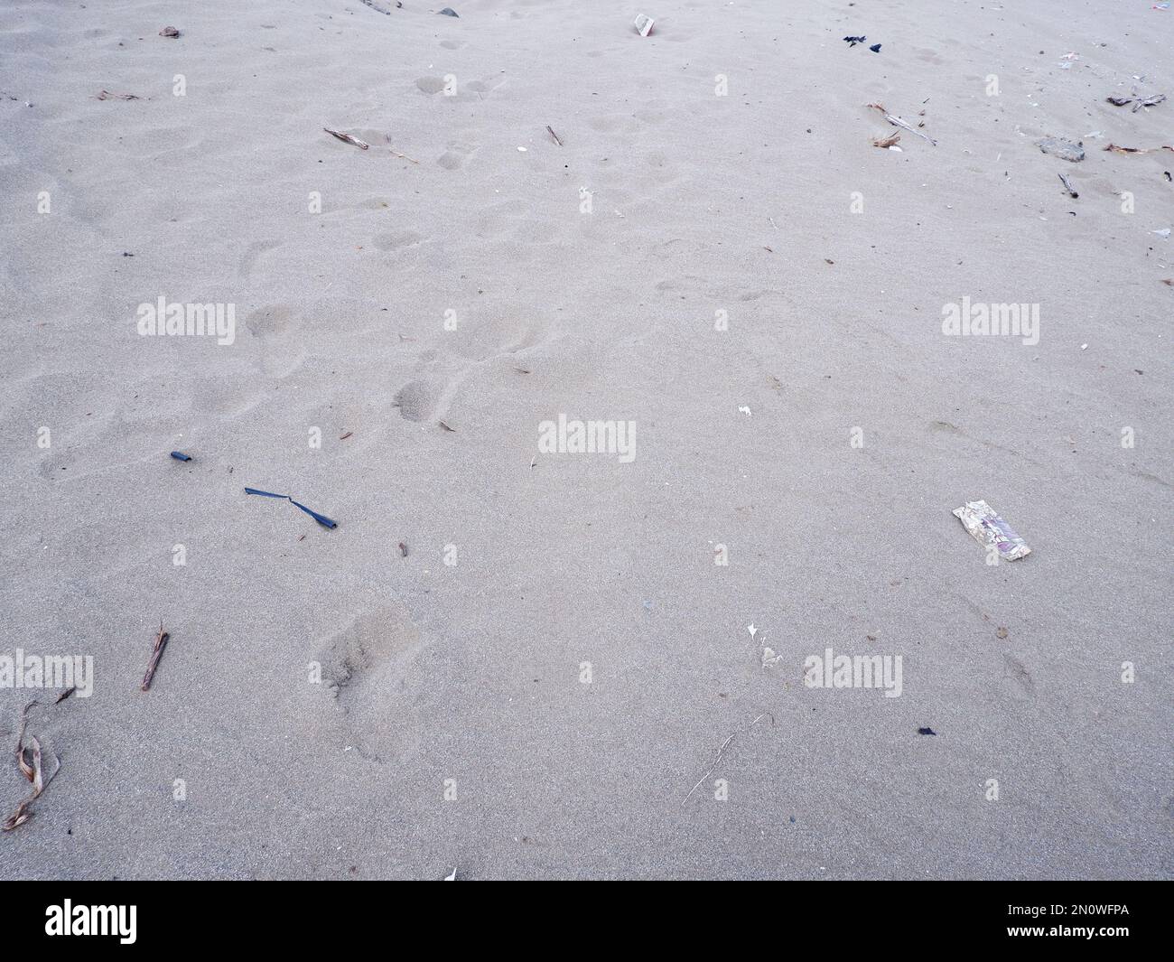 Vollformataufnahme. Nahaufnahme der Sandtextur am Strand im Sommer. Natur des Sandes am Strand. Weißer Sandstrand mit Textur Stockfoto