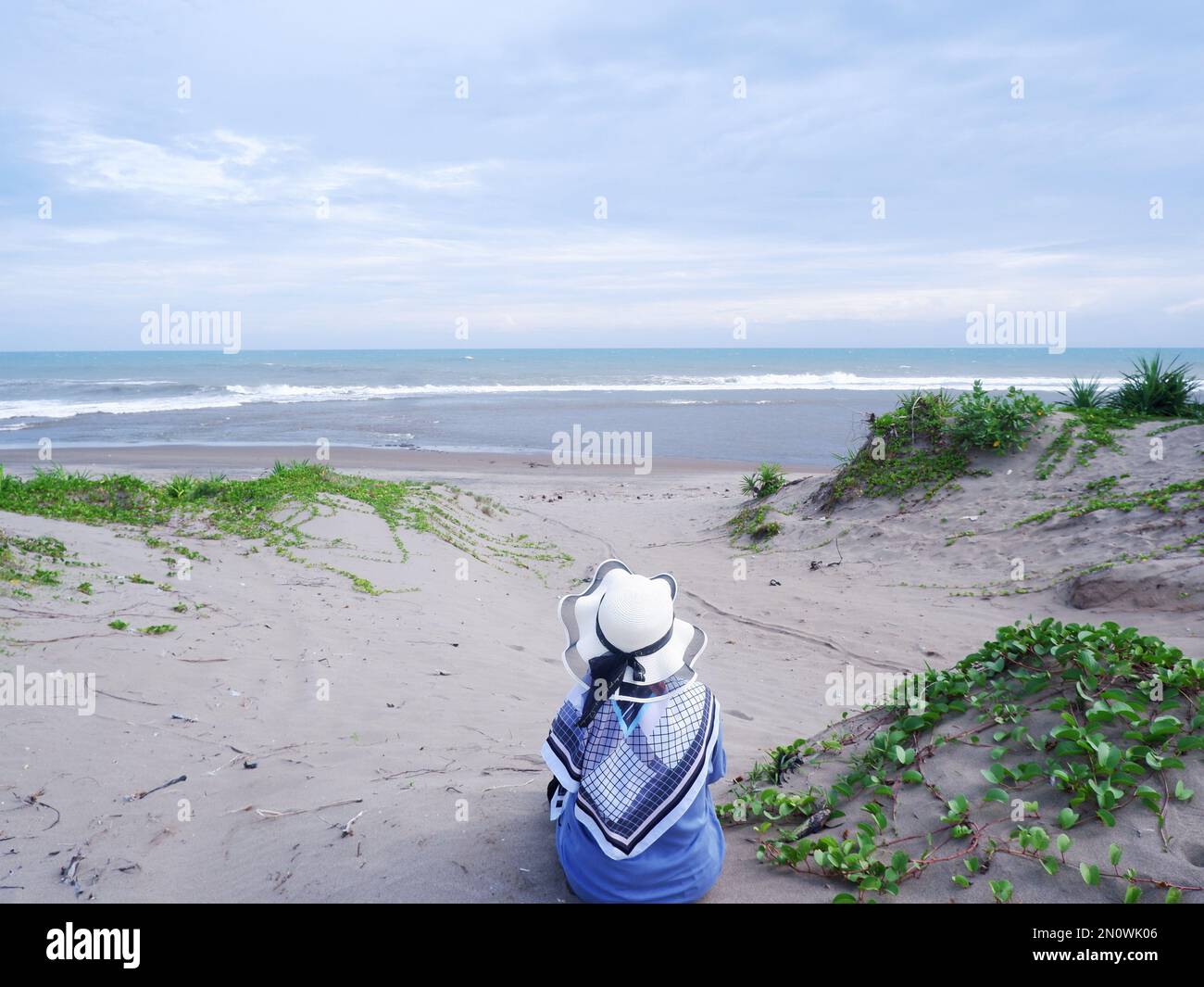 Der Rücken der Frau mit dem Hut am tropischen Strand, die auf dem Sandstrand saß und auf das Meer starrte, entstand dann Liebe aus der Hand. Rückgrat Stockfoto