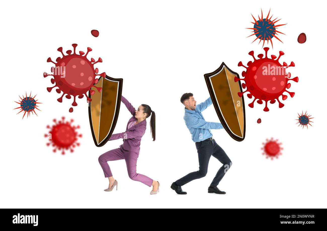 Seien Sie gesund - stärken Sie Ihre Immunität. Mann und Frau blockieren Viren mit Schilden, Illustration Stockfoto
