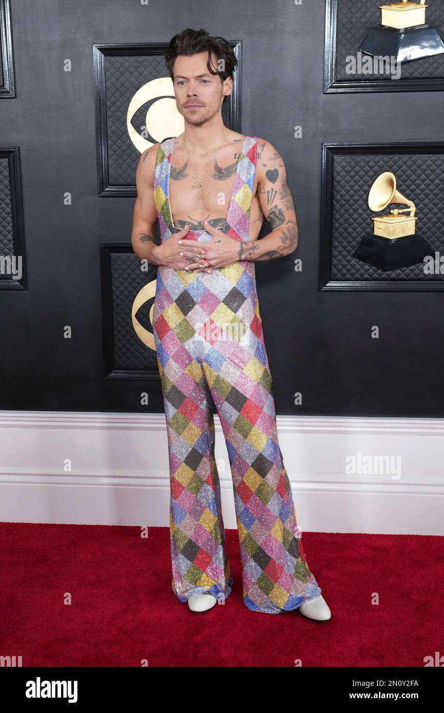 Harry Styles arrives at the 65th annual Grammy Awards on Sunday, Feb. 5