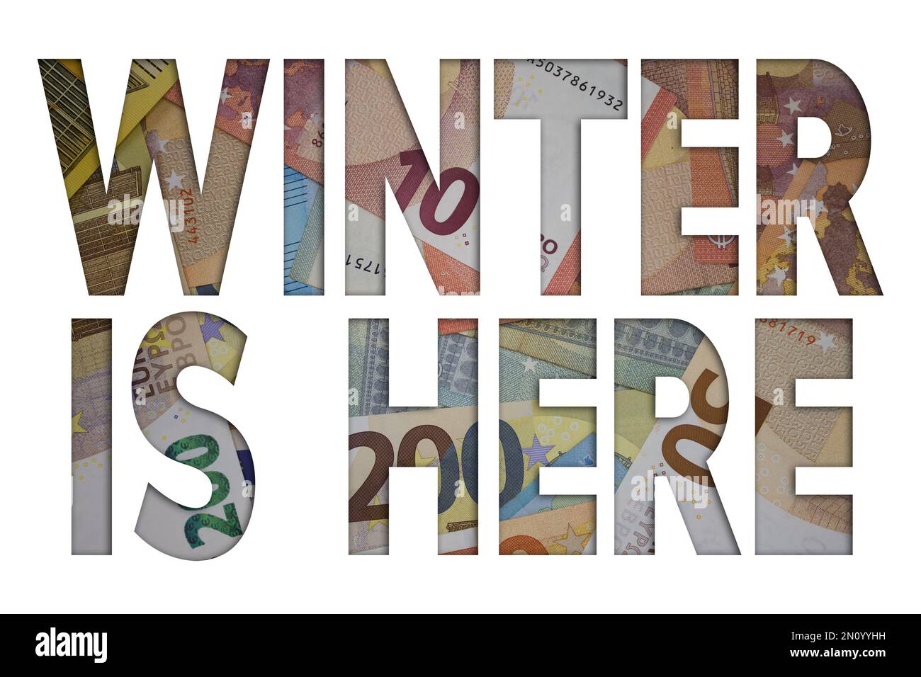 Winter ist hier Wort mit Geld. Papierwährungshintergrund mit verschiedenen Banknoten. Stockfoto