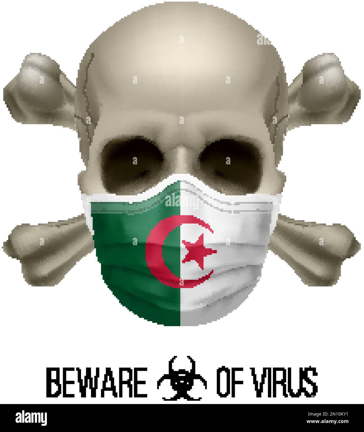 Menschlicher Schädel mit Kreuz und Operationsmaske in der Farbe der Nationalflagge Algerien. Maske in Gestalt der algerischen Flagge und des Totenkopfes als Konzept des Dre Wa Stock Vektor
