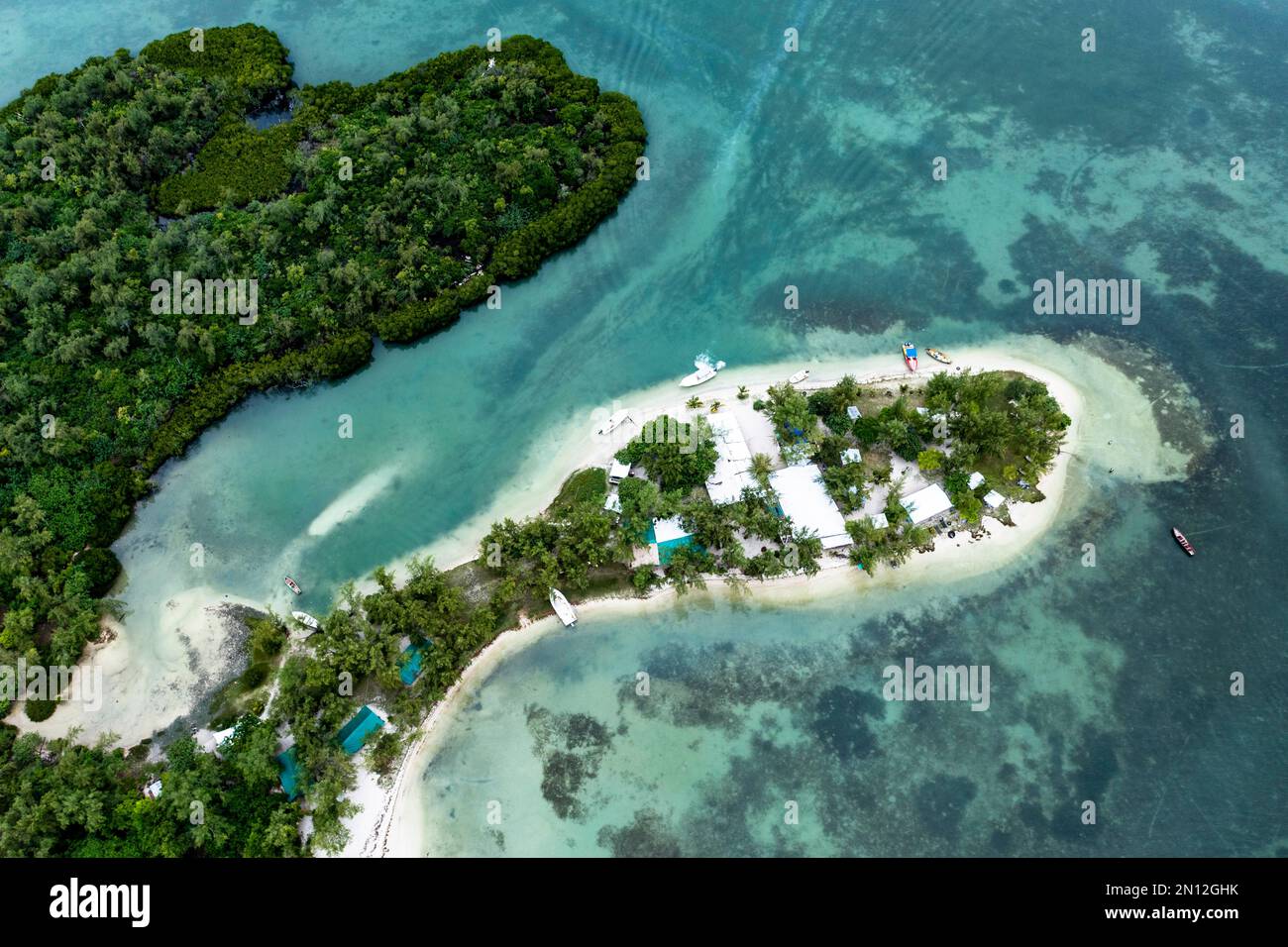 Luftaufnahme, Bucht am Grand Port, il aux Cerfs mit Buchten Sandbänke und Wassersport, Flacq, Mauritius, Afrika Stockfoto