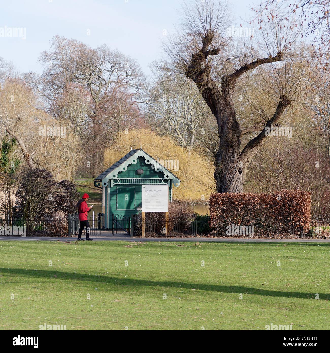 Grüne Holzhütte umgeben von Bäumen im Regent Park an einem Wintertag in London, England. Eine Frau in Rot kommt vorbei. Stockfoto