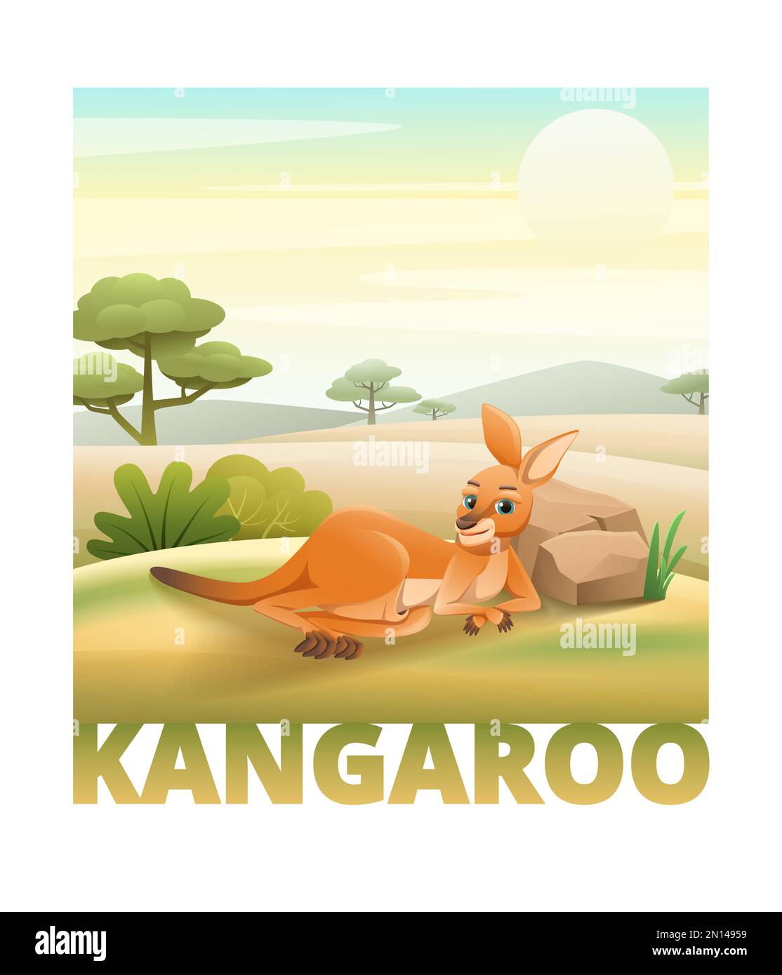 Süßes Känguru, das auf einer grünen, einfarbigen Vektorgrafik ruht Stock Vektor