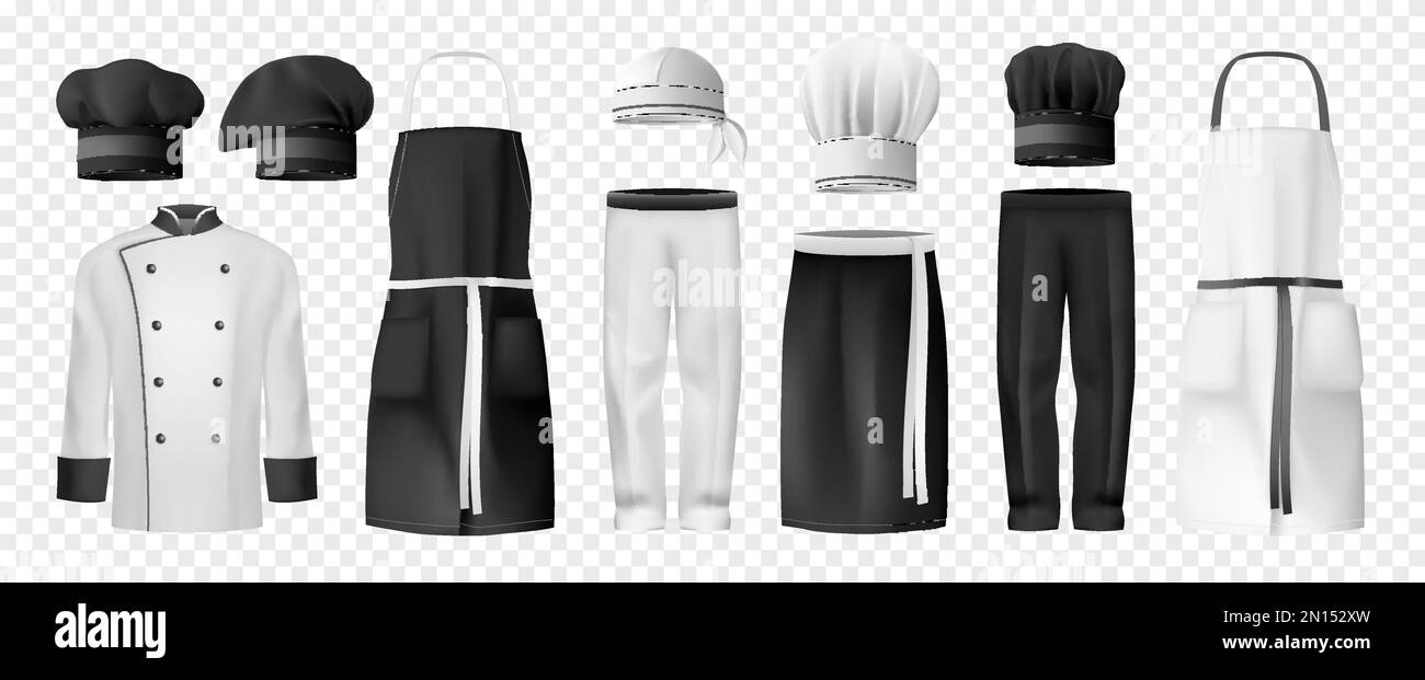 Realistische kulinarische Kleidung transparentes Icon Set schwarz-weiße Tunika Hüte Küchenschürzen Hosen Vektorgrafik Stock Vektor