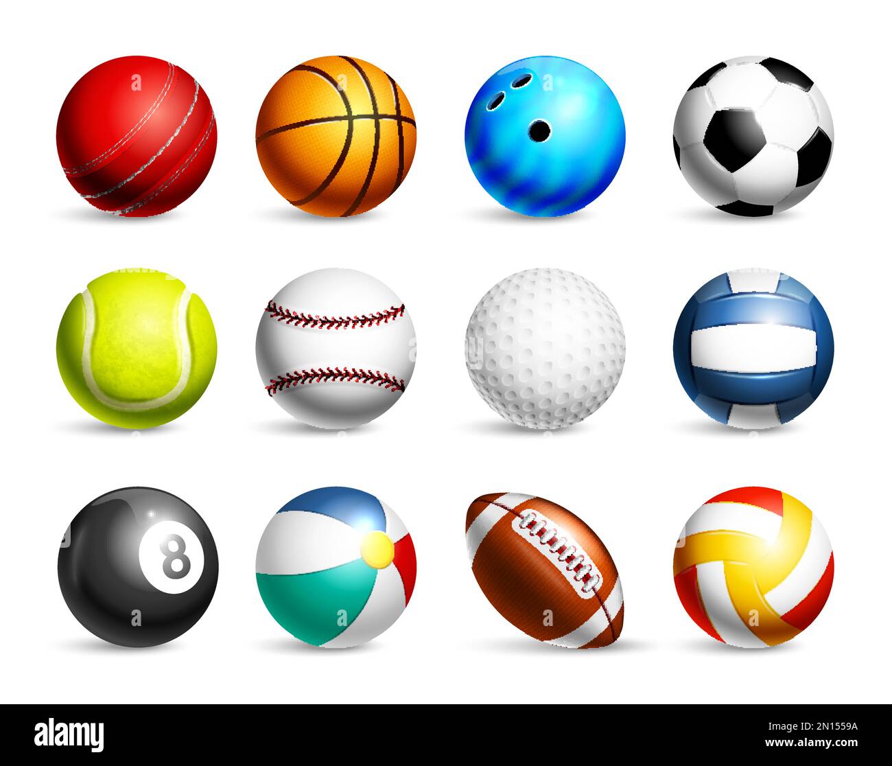 Realistische Sportball-Ikone Bälle für Rugby Baseball Basketball Fußball Billard und andere Spiele Vektordarstellung Stock Vektor