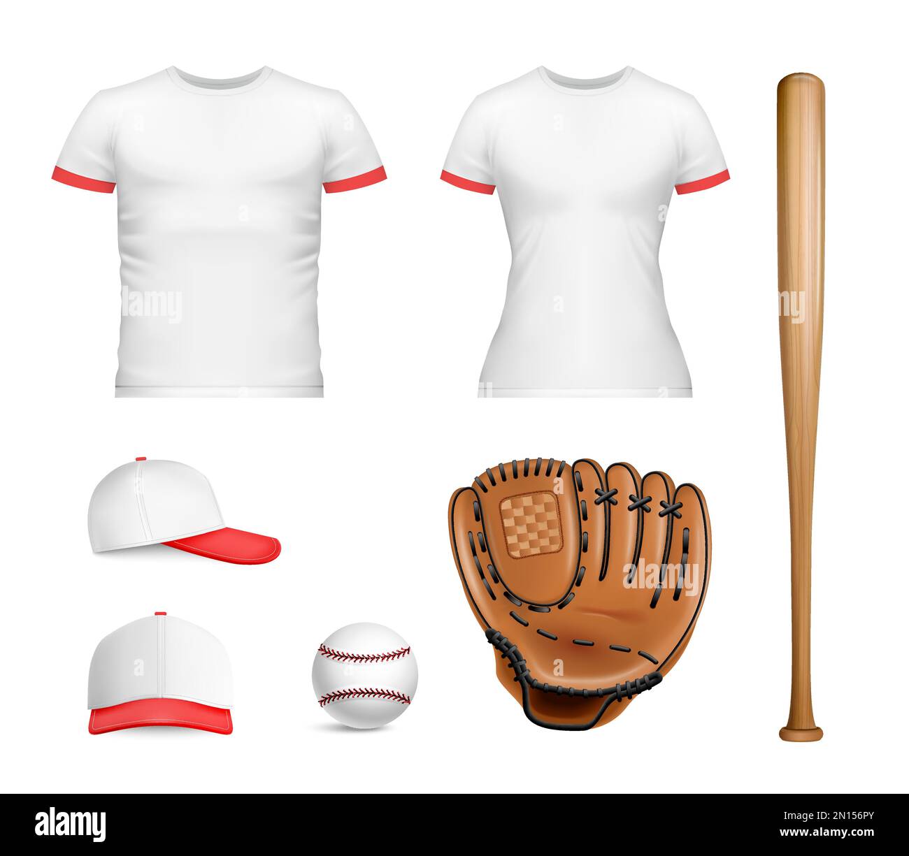 Realistische Sport-Baseball-Mockup-Ikone Set Damen und Herren T-Shirt Baseball Handschuh Baseball und Fledermaus Vektordarstellung Stock Vektor