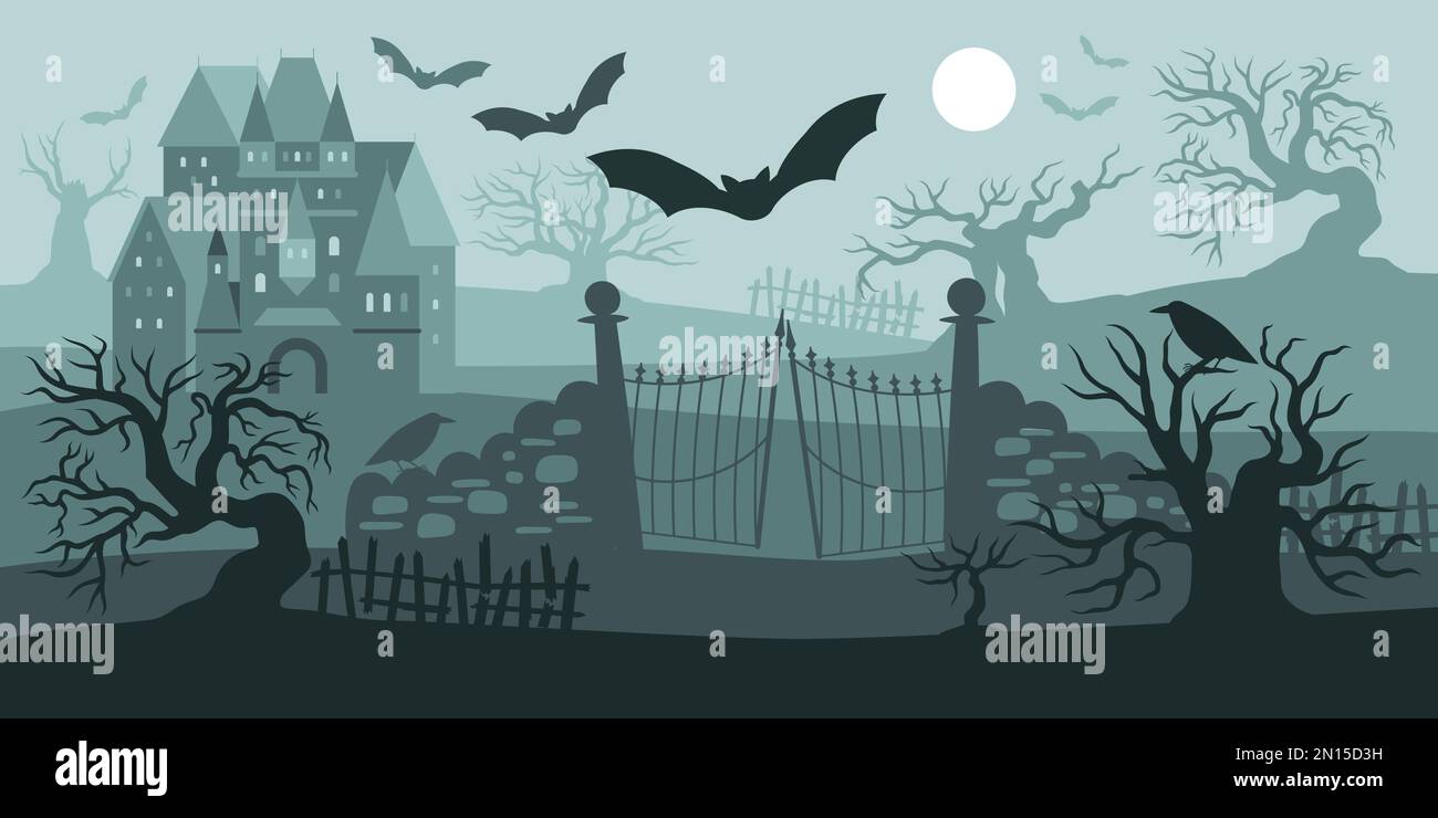 Nächtliche gotische halloween-Landschaft mit gruseligen Bäumen, Silhouetten alter, fliegender Fledermäuse und Burg-Flachvektorzeichnung Stock Vektor