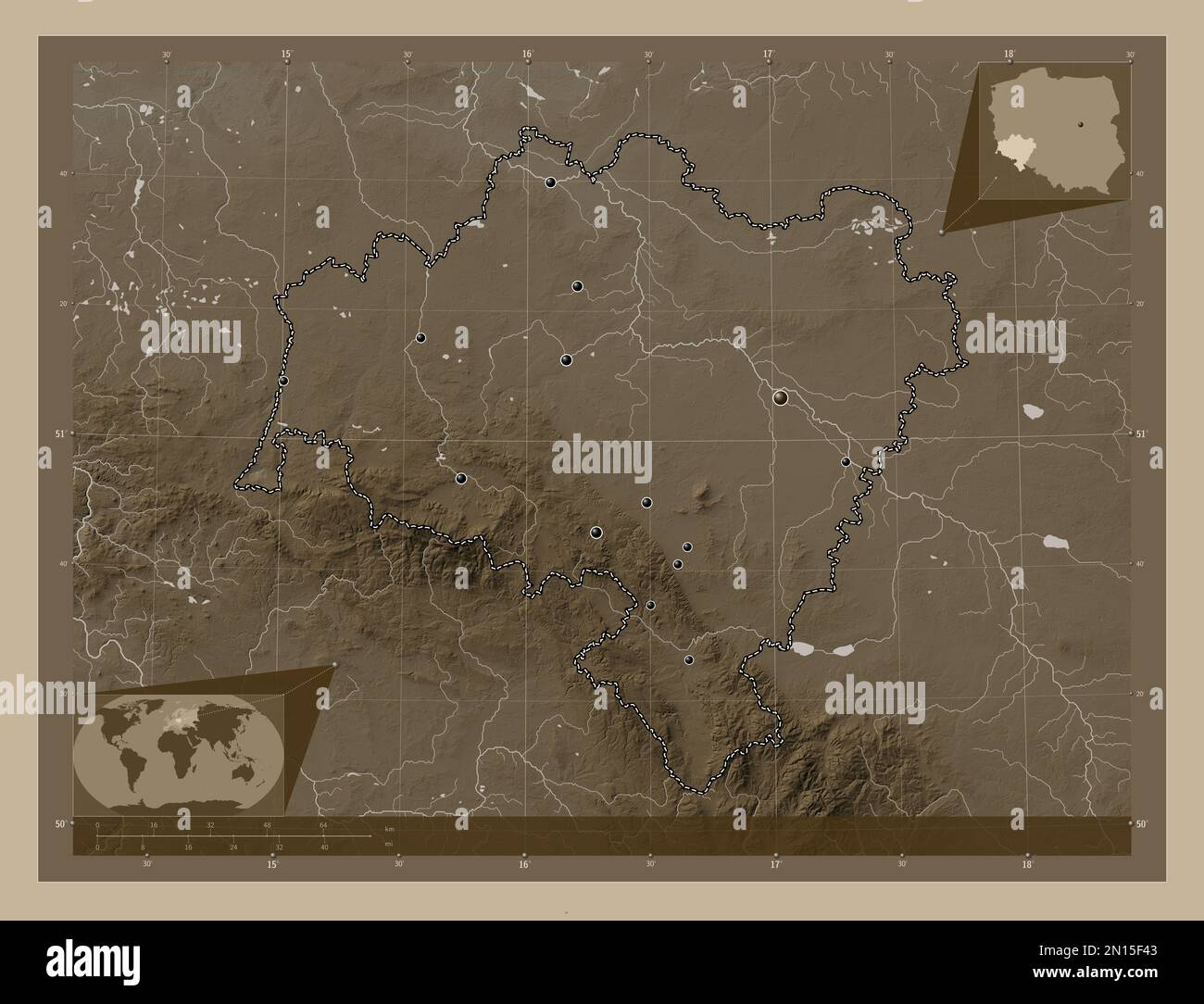 Dolnoslaskie, woiwodschaft|Provinz Polen. Höhenplan in Sepia-Tönen mit Seen und Flüssen. Standorte der wichtigsten Städte der Region. Korr Stockfoto