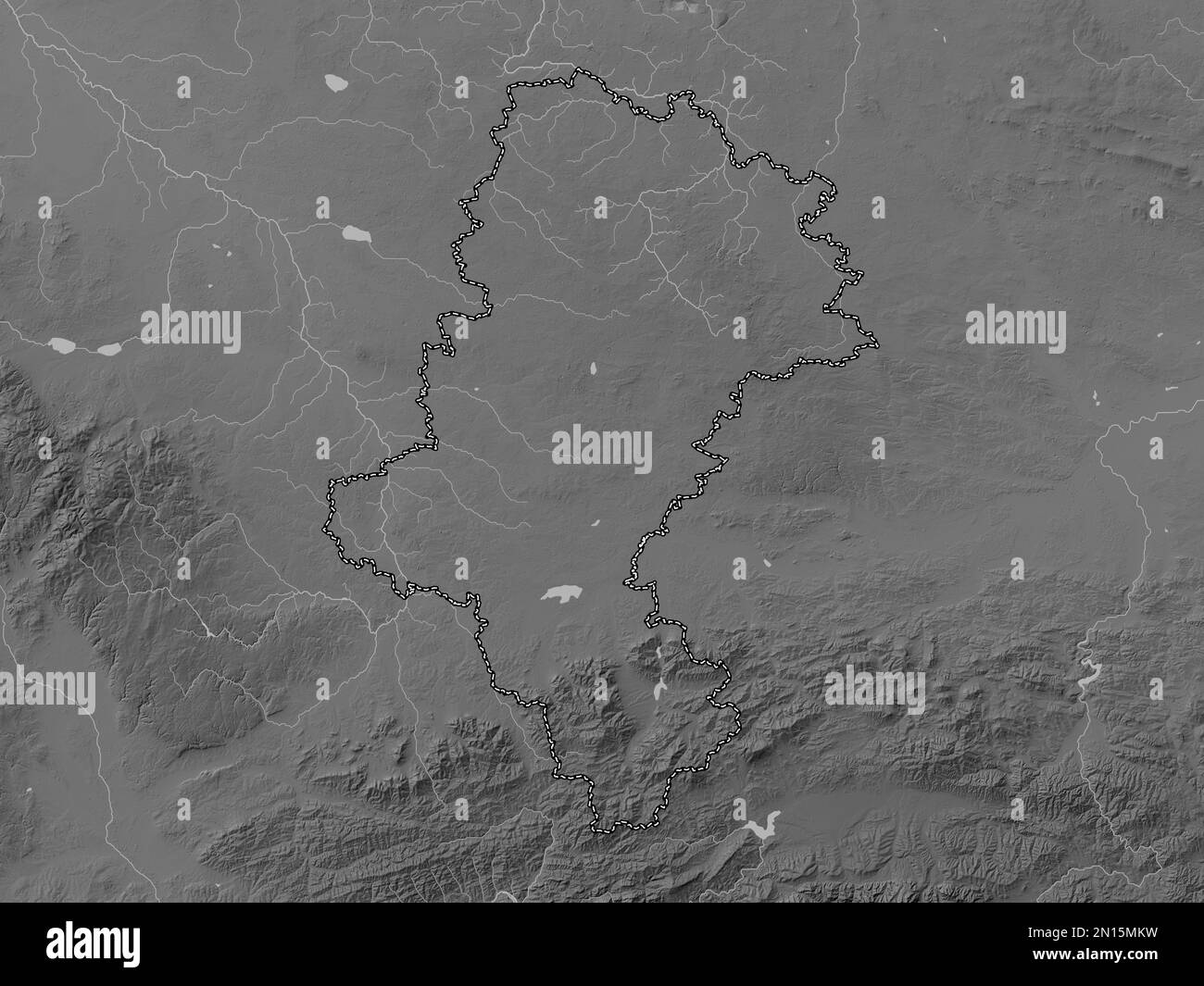 Slaskie, woiwodschaft|Provinz Polen. Grauskala-Höhenkarte mit Seen und Flüssen Stockfoto