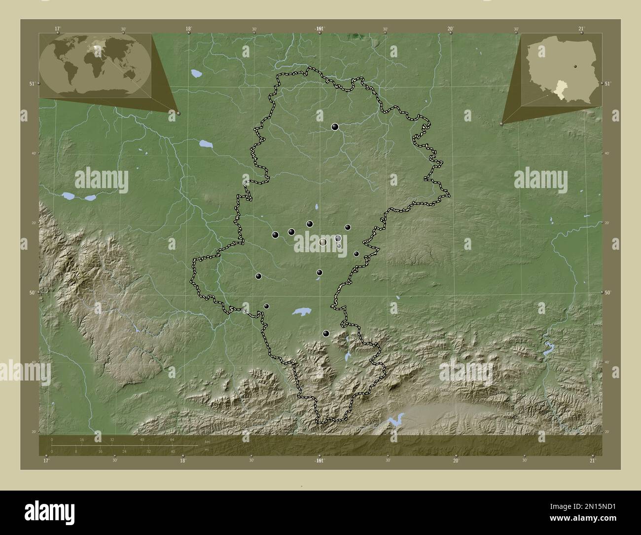 Slaskie, woiwodschaft|Provinz Polen. Höhenkarte im Wiki-Stil mit Seen und Flüssen. Standorte der wichtigsten Städte der Region. Ecke au Stockfoto