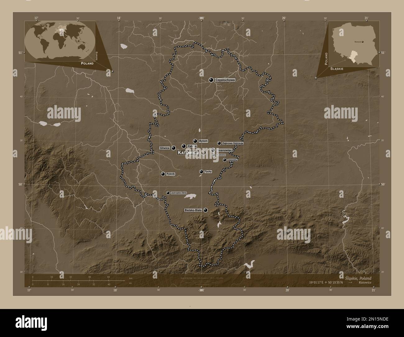 Slaskie, woiwodschaft|Provinz Polen. Höhenplan in Sepia-Tönen mit Seen und Flüssen. Standorte und Namen der wichtigsten Städte der Region Stockfoto