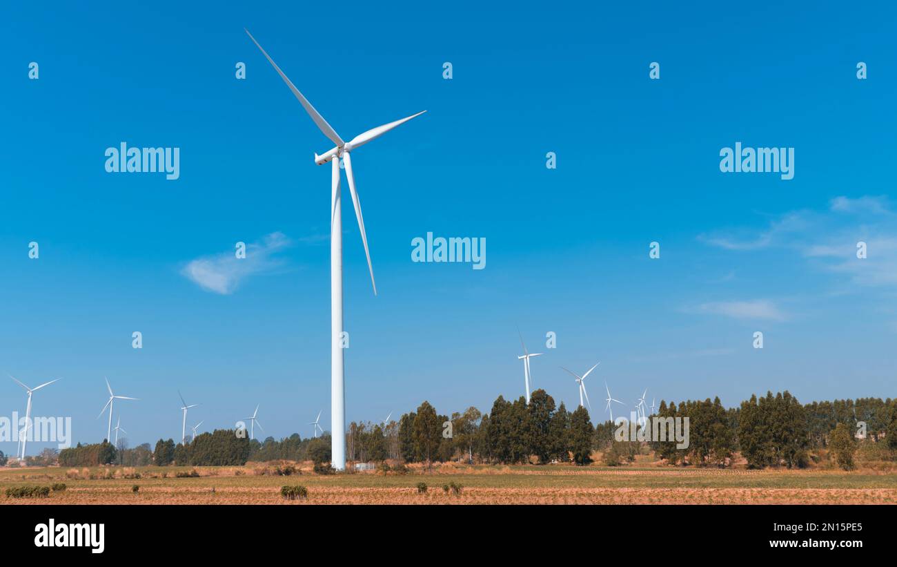 Windkraftanlagen auf landwirtschaftlichen Flächen, saubere, erneuerbare Energiequellen sowie eine zuverlässige Einkommensquelle für die Landwirte. Stockfoto