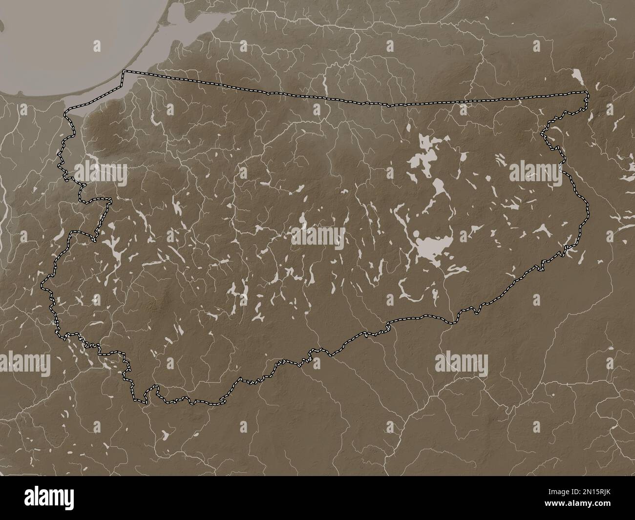 Warminsko-Mazurskie, woiwodschaft|Provinz Polen. Höhenplan in Sepia-Tönen mit Seen und Flüssen Stockfoto