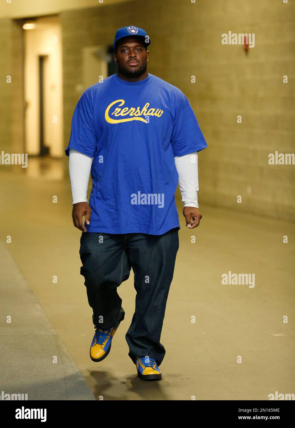 Seattle Seahawks defensive tackle Brandon Mebane arrives for an NFL football game against the Carolina Panthers, Sunday, Oct. 18, 2015, in Seattle. (AP Photo/Stephen Brashear) Stockfoto