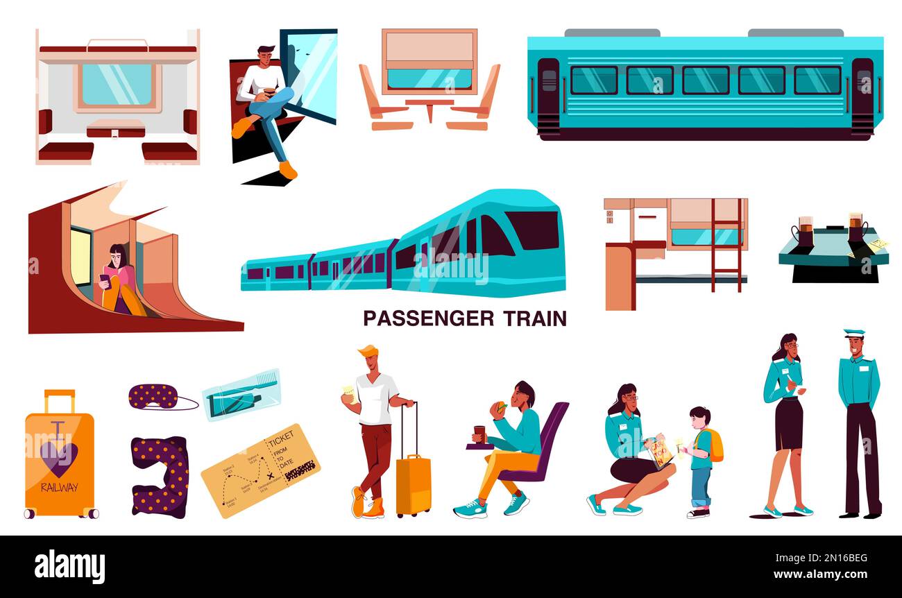 Passagierzug flache Gruppe von Reisenden mit Gepäck, das auf einen Transport am Bahnhof wartet und im Wagen sitzt, isolierte Vektordarstellung Stock Vektor