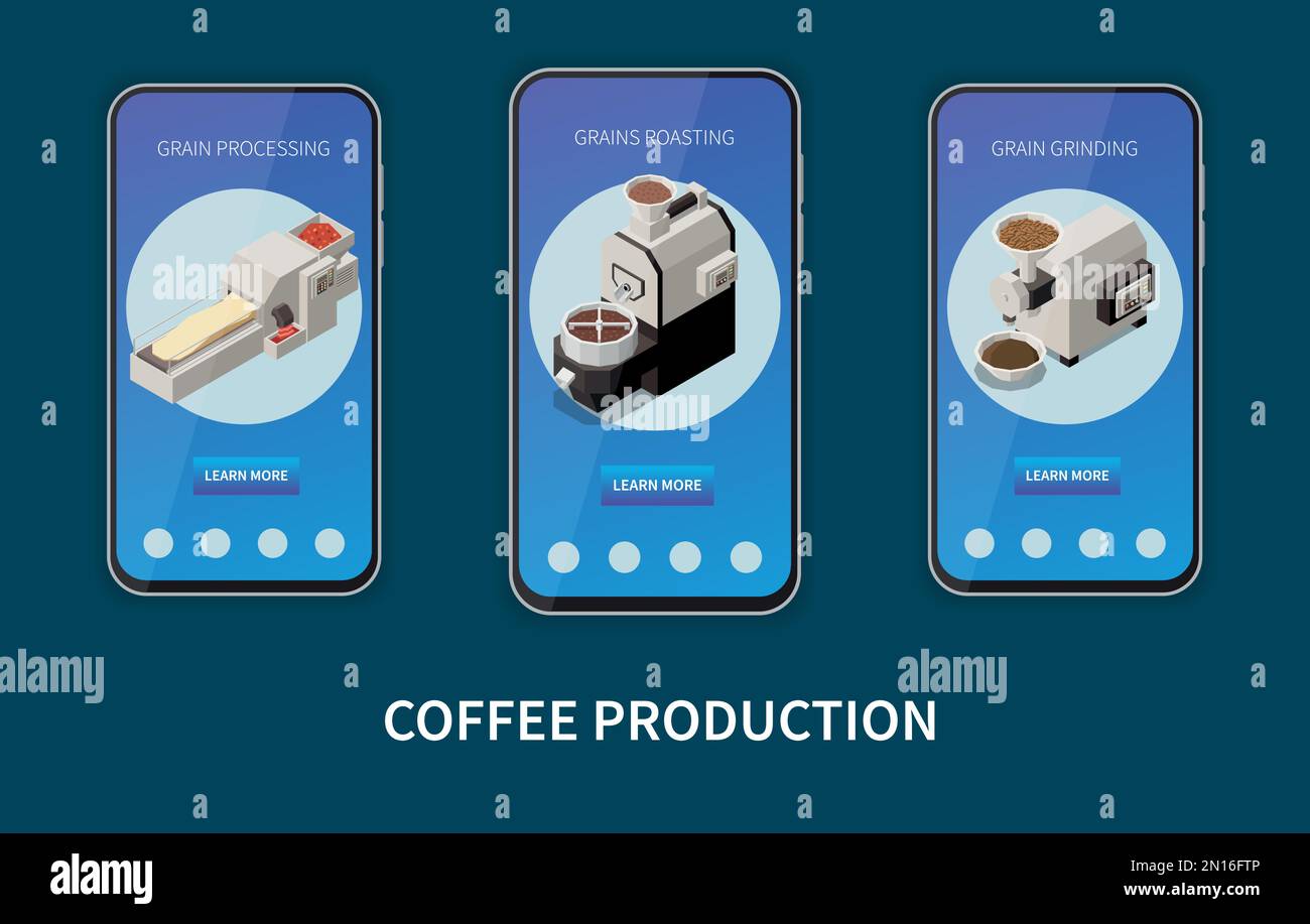 Isometrischer mobiler App-Satz für Kaffeeproduktion mit drei Smartphone-Bildschirmen mit Informationen zur Verarbeitung von Rösten und Mahlen, Vektordarstellung Stock Vektor