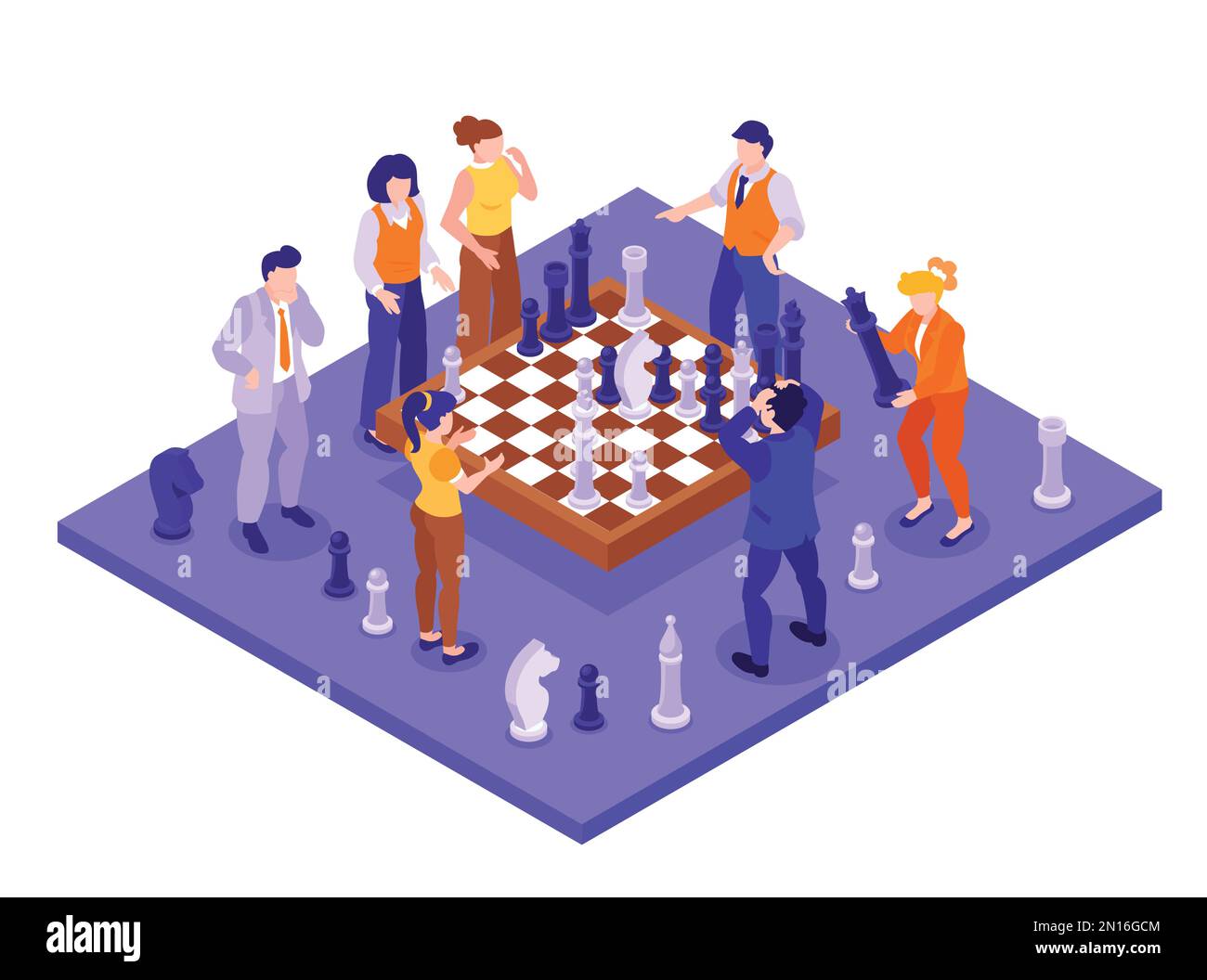 Geschäftsstrategie erfolgreiche Teamarbeit Brainstorming isometrisches Konzept mit Geschäftsleuten und Frauen rund um Schachbrett 3D isolierte Vektordarstellung Stock Vektor