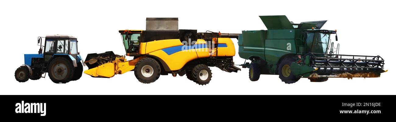 Satz verschiedener landwirtschaftlicher Maschinen auf weißem Hintergrund. Bannerdesign Stockfoto