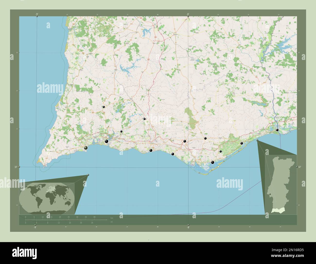 Faro, der Bezirk von Portugal. Straßenkarte Öffnen. Standorte der wichtigsten Städte der Region. Eckkarten für zusätzliche Standorte Stockfoto