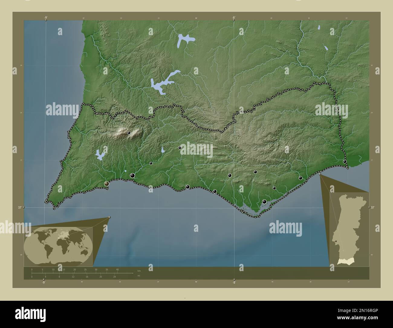 Faro, der Bezirk von Portugal. Höhenkarte im Wiki-Stil mit Seen und Flüssen. Standorte der wichtigsten Städte der Region. Ecke Zusatzposition Stockfoto