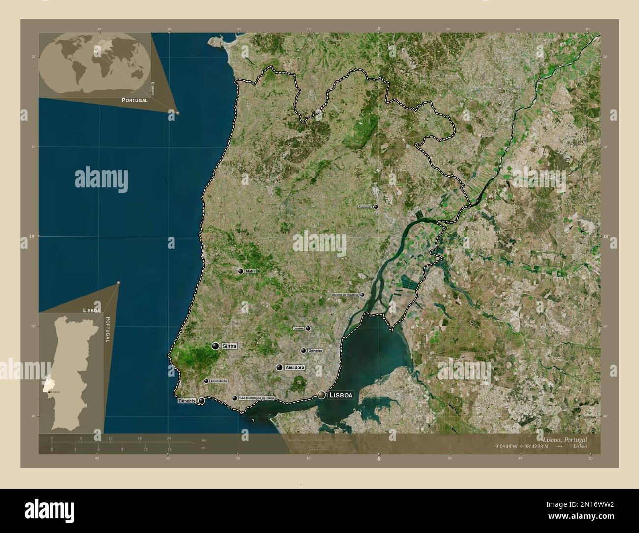 Lisboa, der Bezirk von Portugal. Hochauflösende Satellitenkarte. Standorte und Namen der wichtigsten Städte der Region. Eckkarten für zusätzliche Standorte Stockfoto