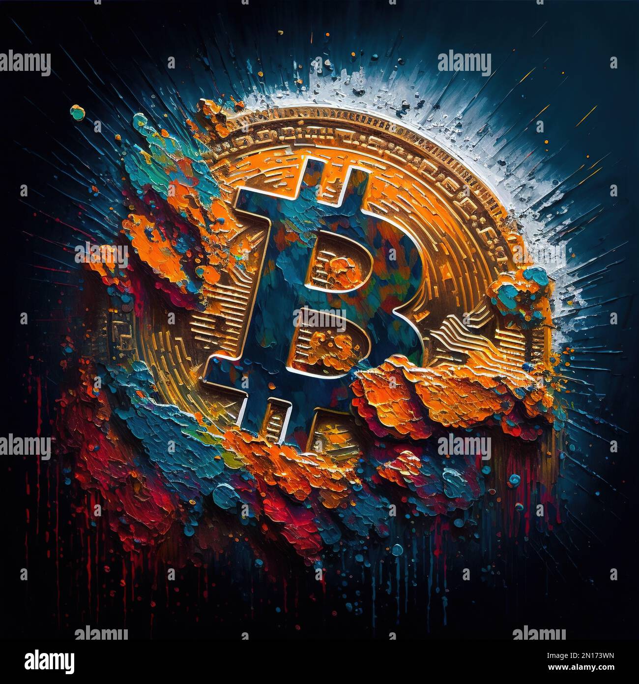 Lebendige Bitcoin-Malerei. Fantasie, Kreativität, Kunst. Stockfoto